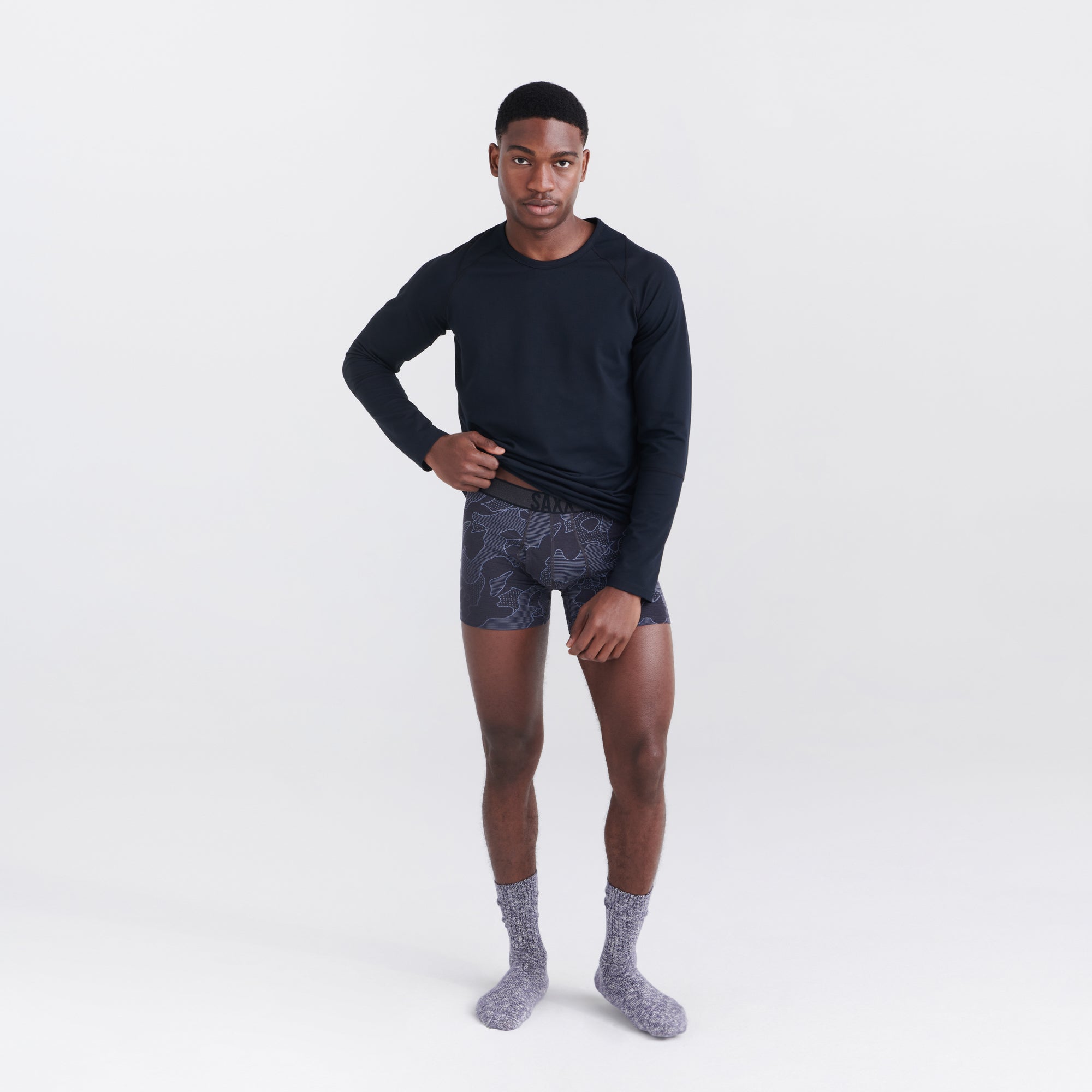 Front - Model wearing Roast Master Mid-Weight Boxer Brief Fly in Pomo Camo- Twilight