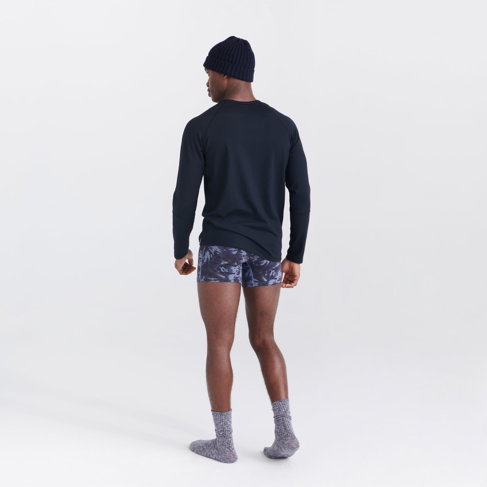 Back - Model wearing Roast Master Mid-Weight Boxer Brief Fly in Snowburst Tie-Dye- Grey