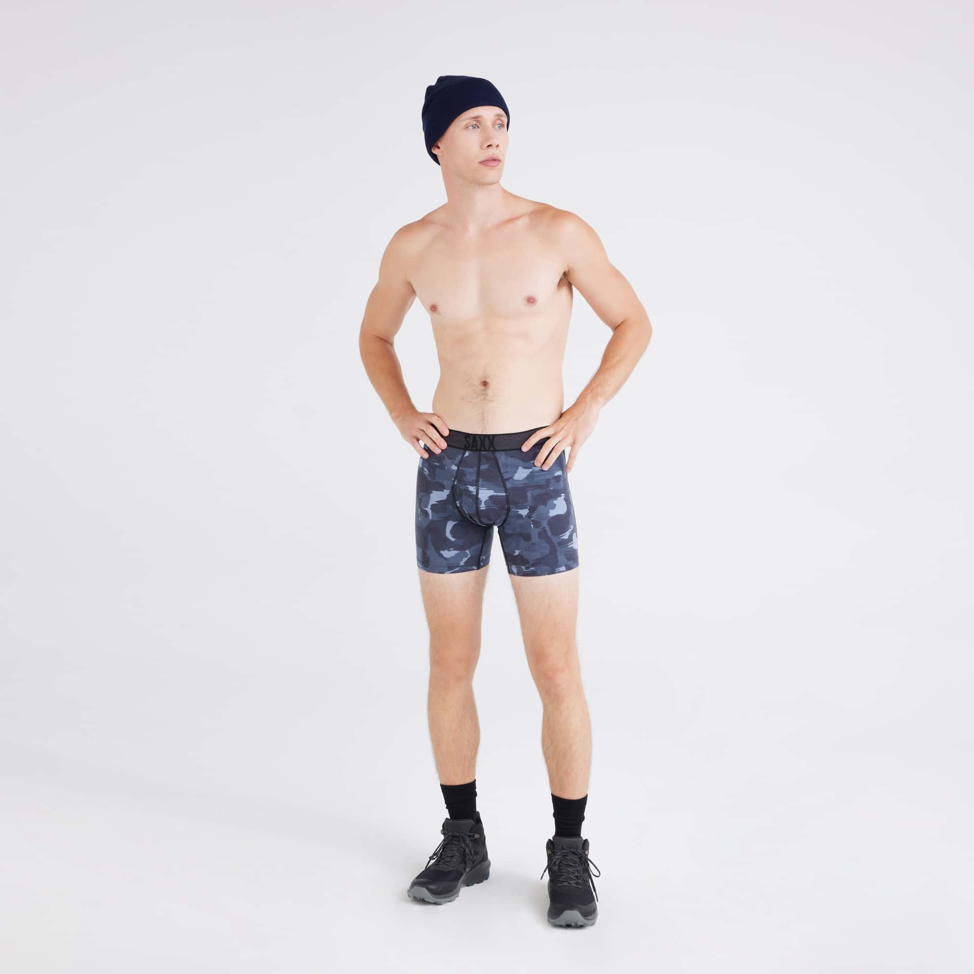 Front - Model wearing  Roast Master Baselayer Mid-Weight Boxer Brief in Daybreak Camo-Flintstone