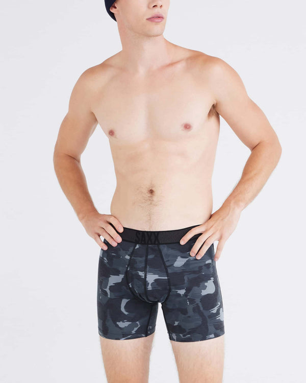 Front - Model wearing Roast Master Mid-Weight Boxer Brief Fly in Daybreak Camo-Flintstone