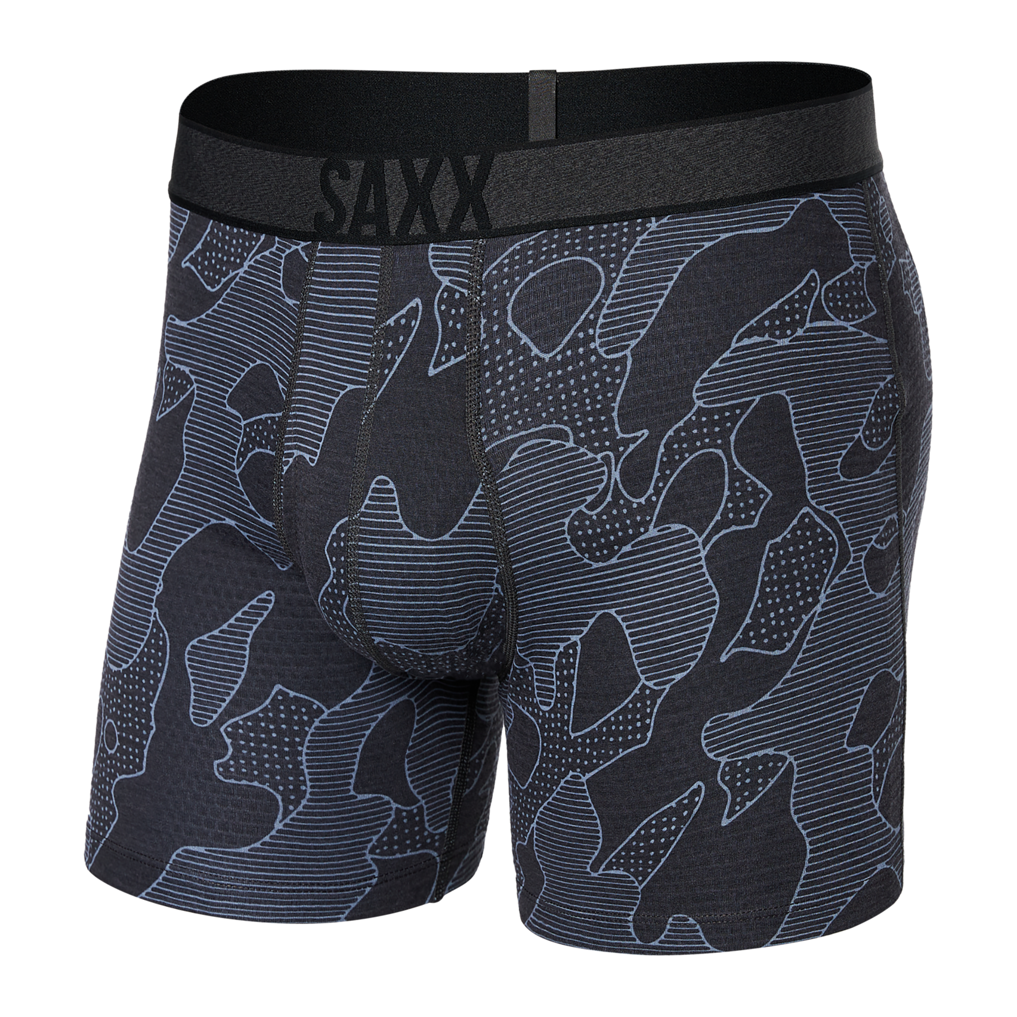 Front of Roast Master Mid-Weight Boxer Brief Fly in Pomo Camo- Twilight