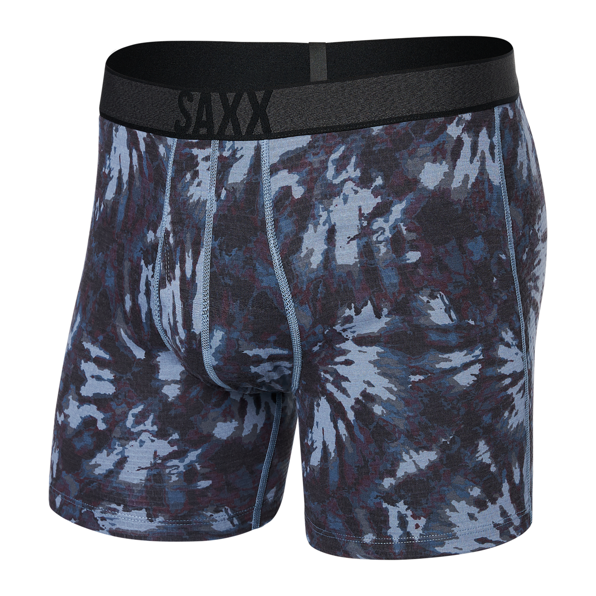 Front of Roast Master Mid-Weight Boxer Brief Fly in Snowburst Tie-Dye- Grey