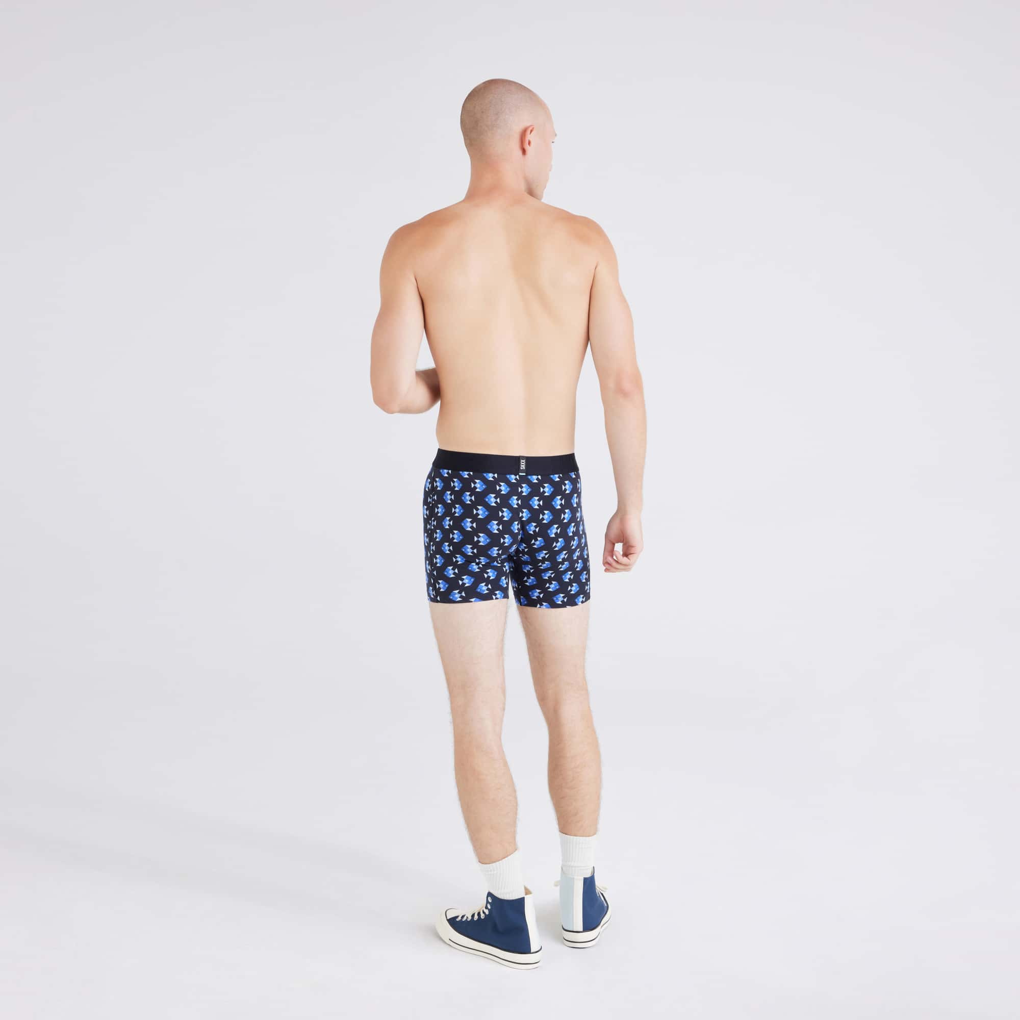 Back - Model wearing Droptemp Cooling Cotton Boxer Brief in Aquatic Check-Black