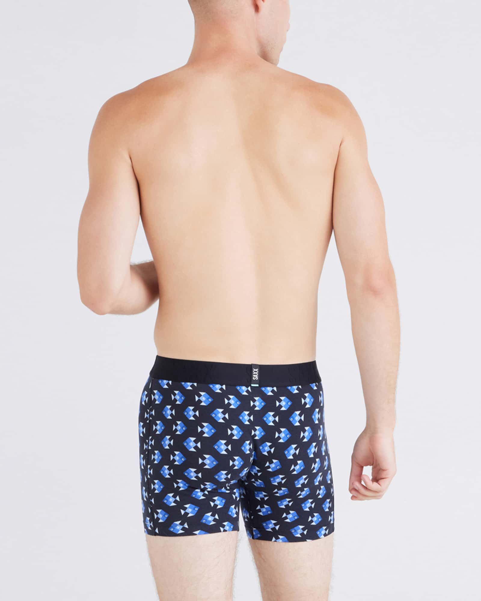 Back - Model wearing Droptemp Cooling Cotton Boxer Brief Fly in Aquatic Check-Black