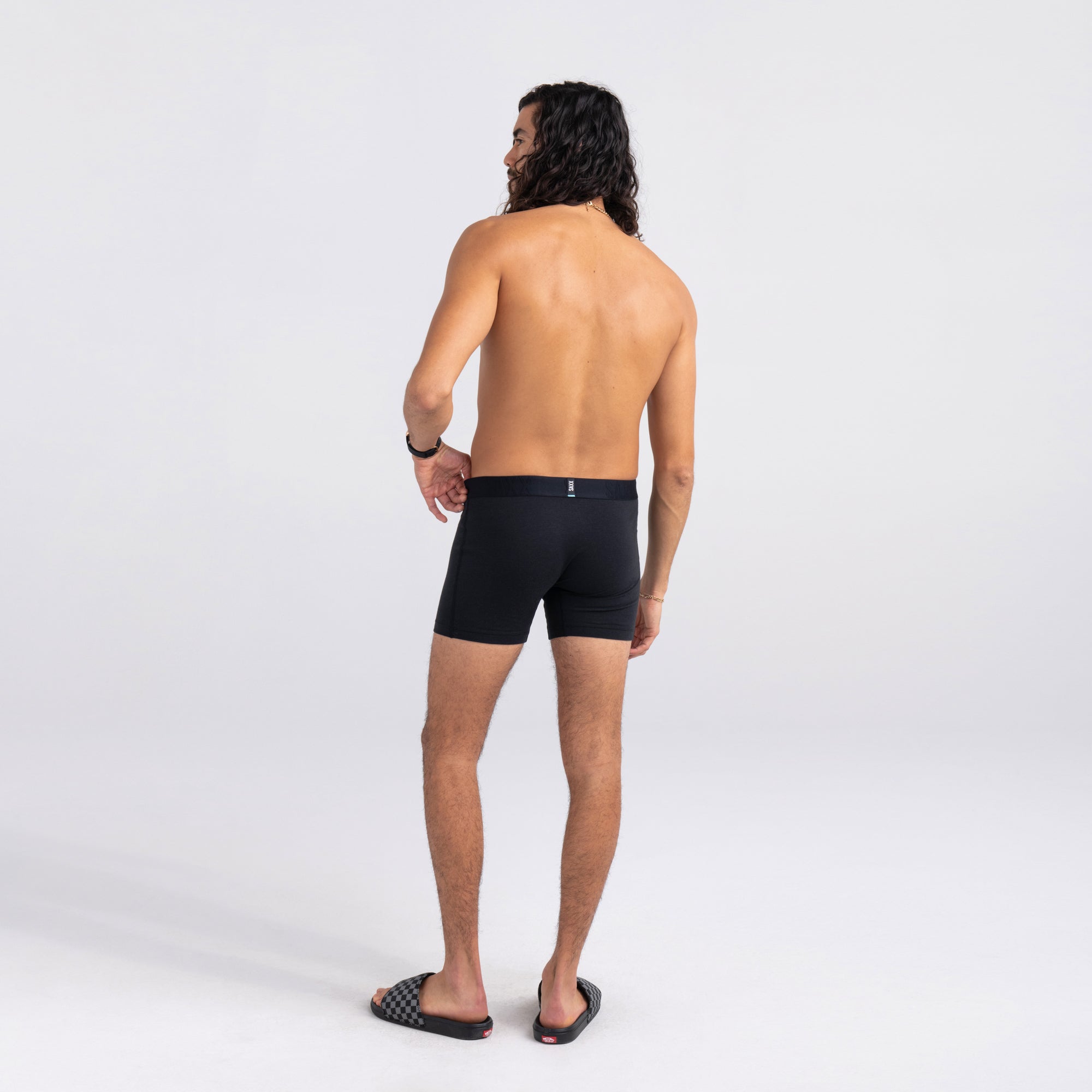 Back - Model wearing DropTemp Cooling Cotton Boxer Brief in Black