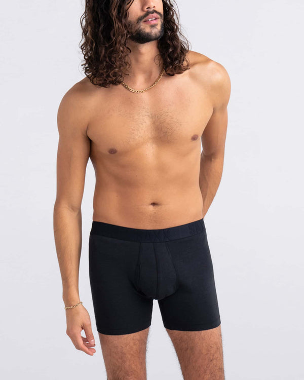 Front - Model wearing Droptemp Cooling Cotton Boxer Brief Fly in Black