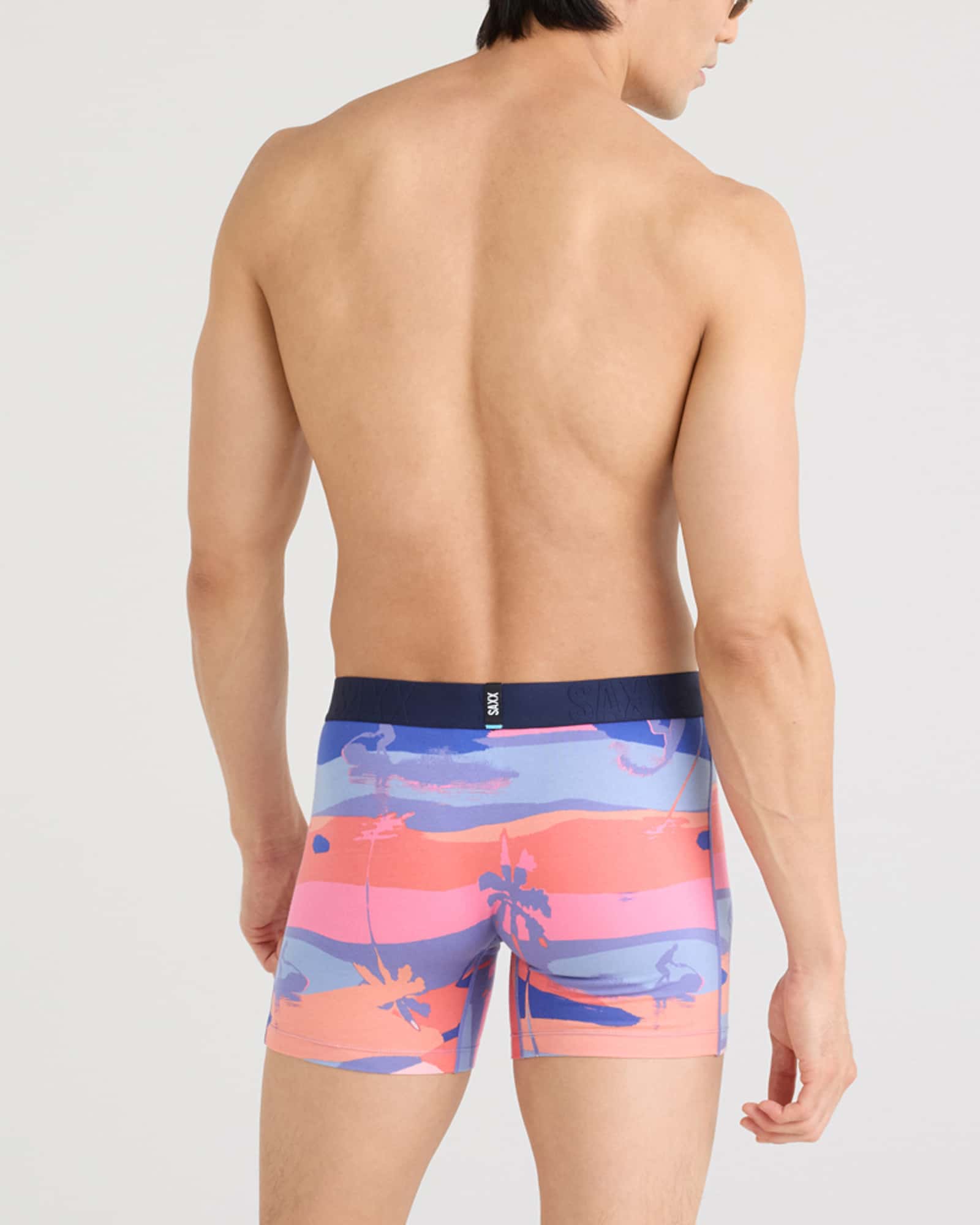 Back - Model wearing Droptemp Cooling Cotton Boxer Brief Fly in Bright Palmski-Multi