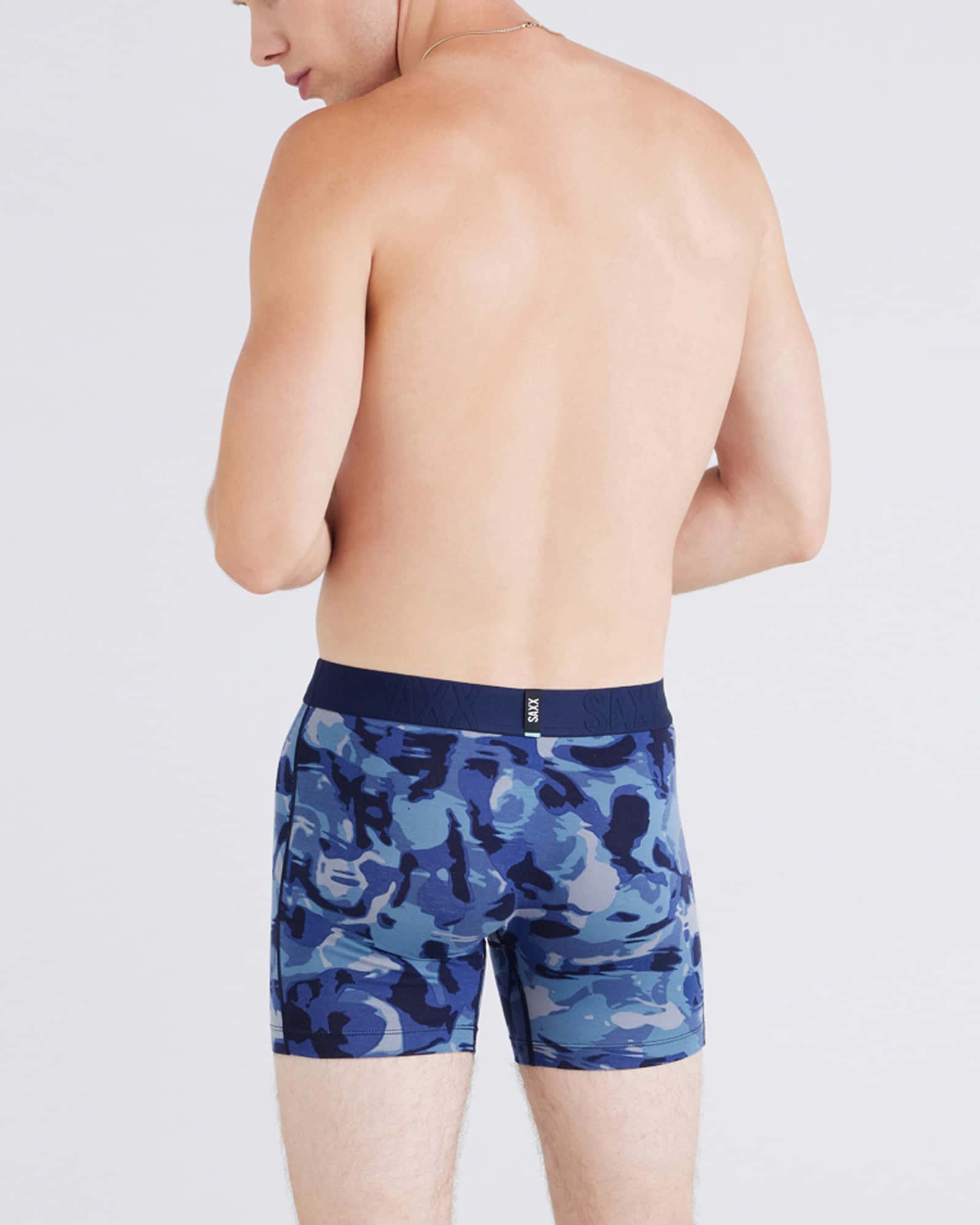 Back - Model wearing Droptemp Cooling Cotton Boxer Brief Fly 2Pk in Daybreak Camo/Black