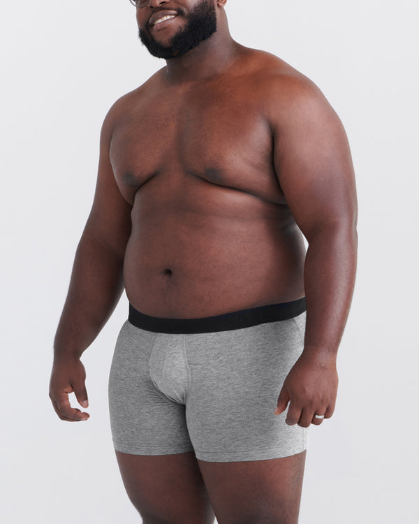 Front - Model wearing Droptemp Cooling Cotton Boxer Brief Fly in Dark Grey Heather