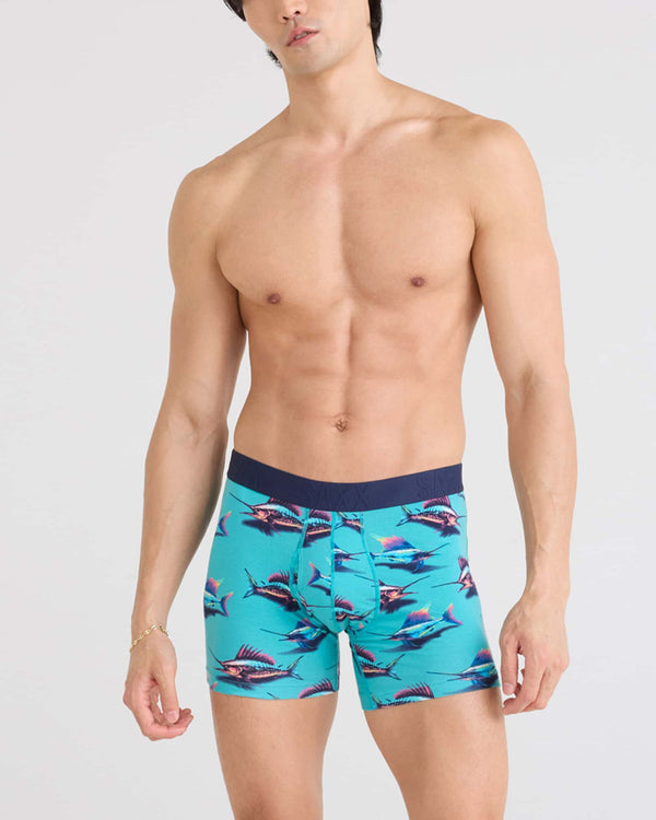 Front - Model wearing Droptemp Cooling Cotton Boxer Brief Fly in Great Catch-Baltic