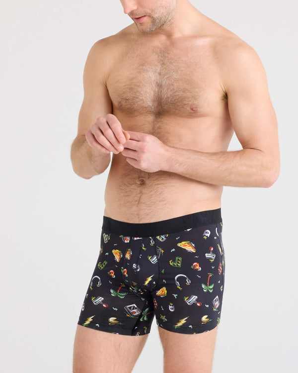 Front - Model wearing Droptemp Cooling Cotton Boxer Brief Fly in Gamer's Paradise-Black