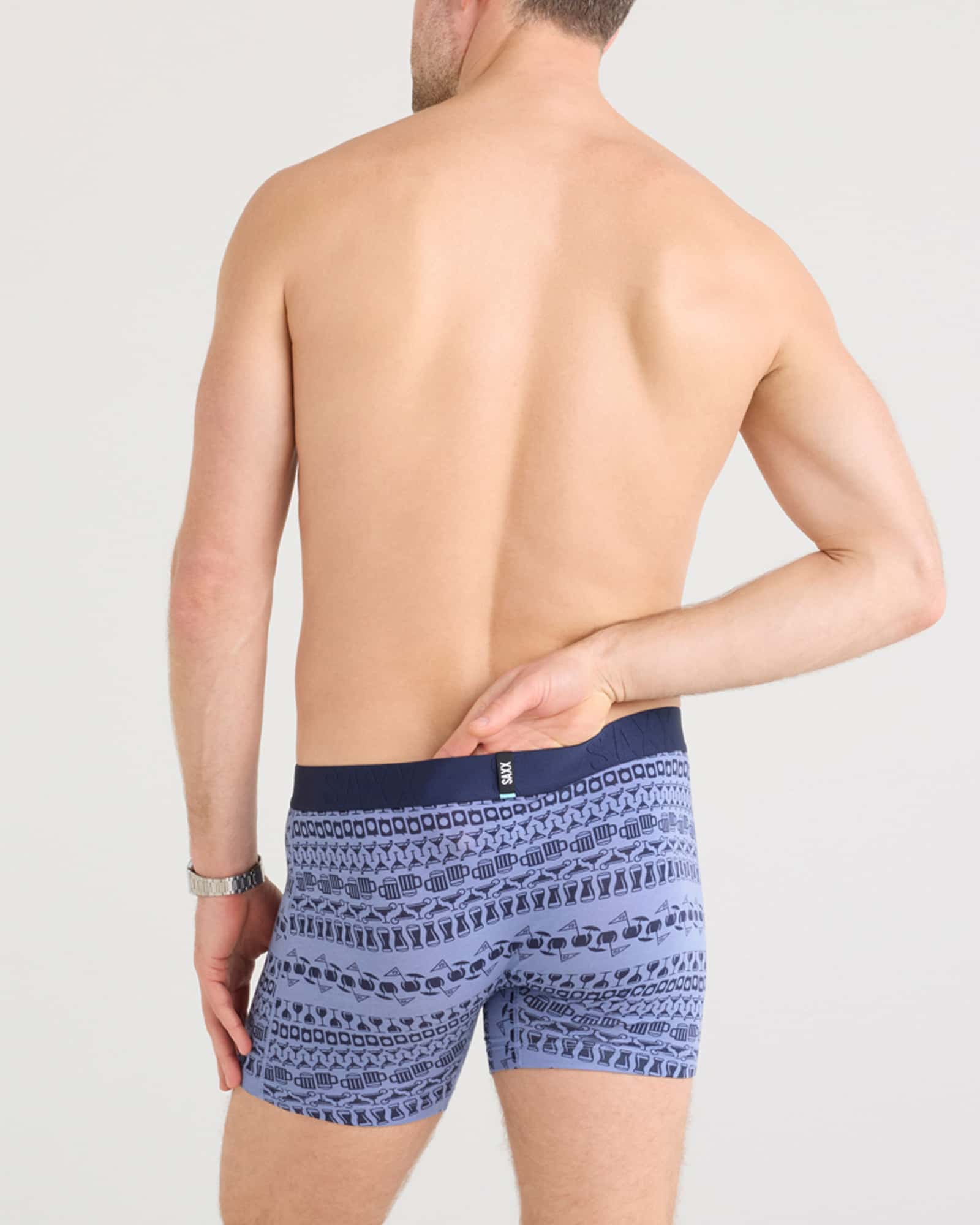 Back - Model wearing Droptemp Cooling Cotton Boxer Brief Fly in 19th Hole Stripe-Blue