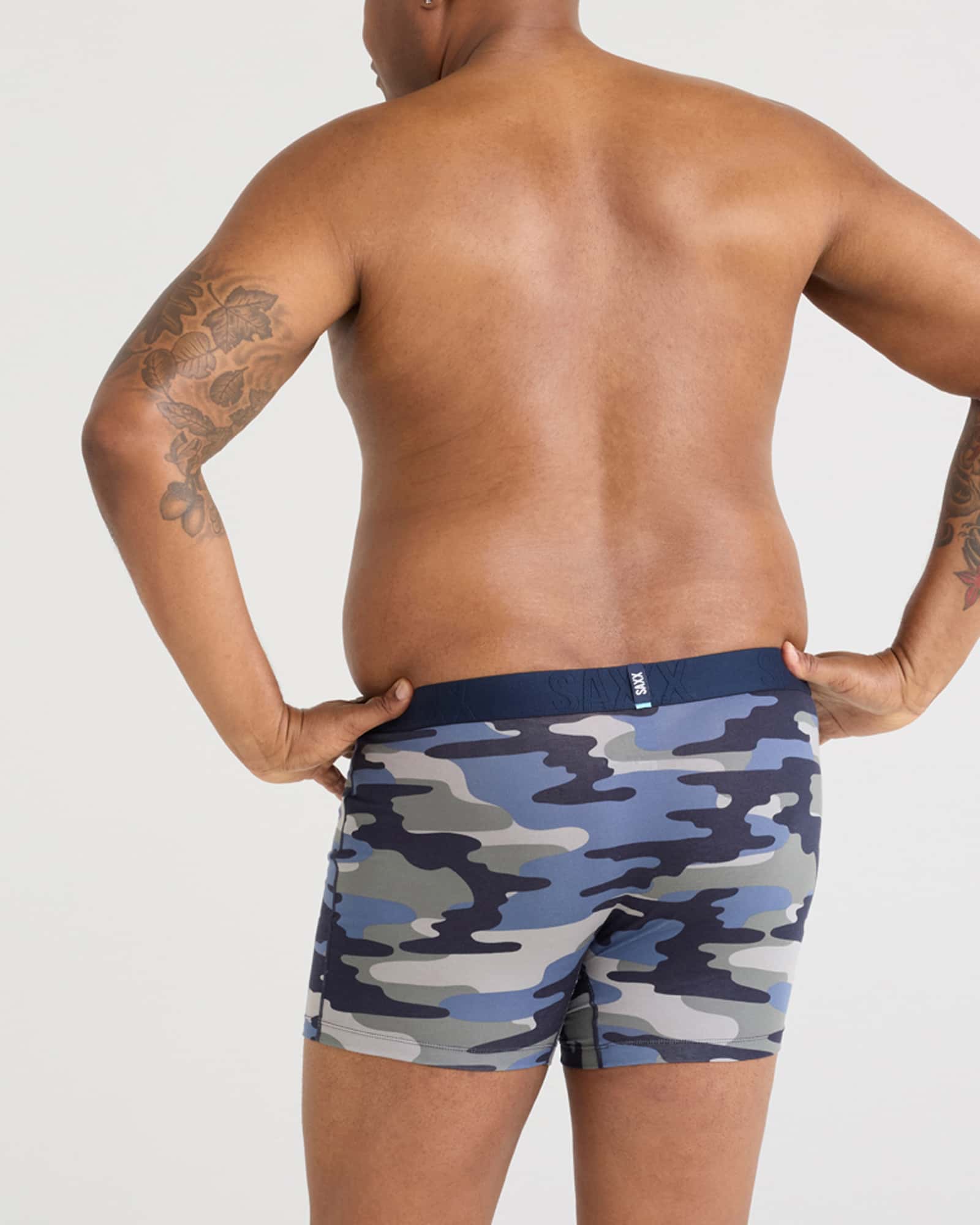 Back - Model wearing Droptemp Cooling Cotton Boxer Brief Fly in Tidal Camo- Blue