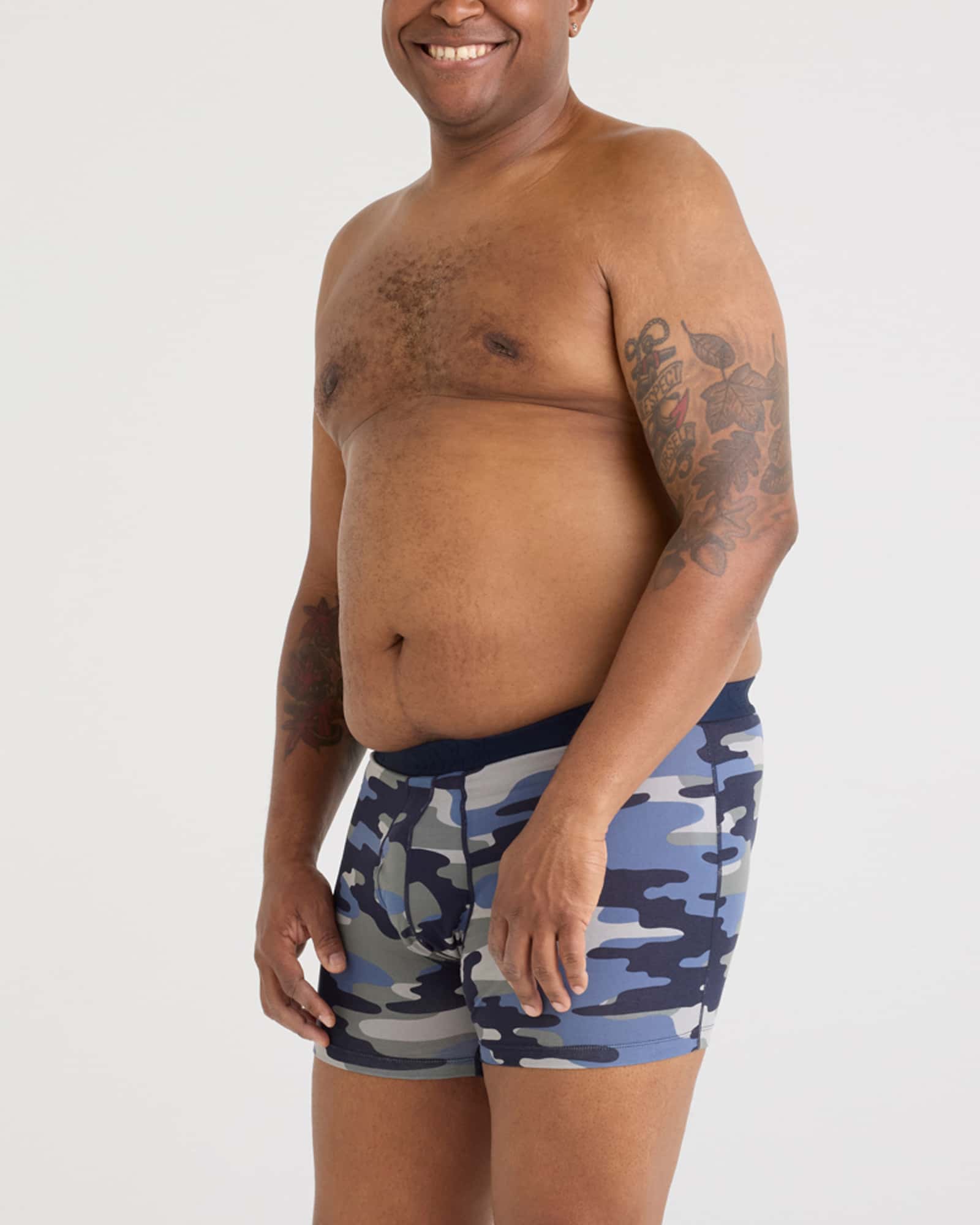 Front - Model wearing Droptemp Cooling Cotton Boxer Brief Fly in Tidal Camo- Blue