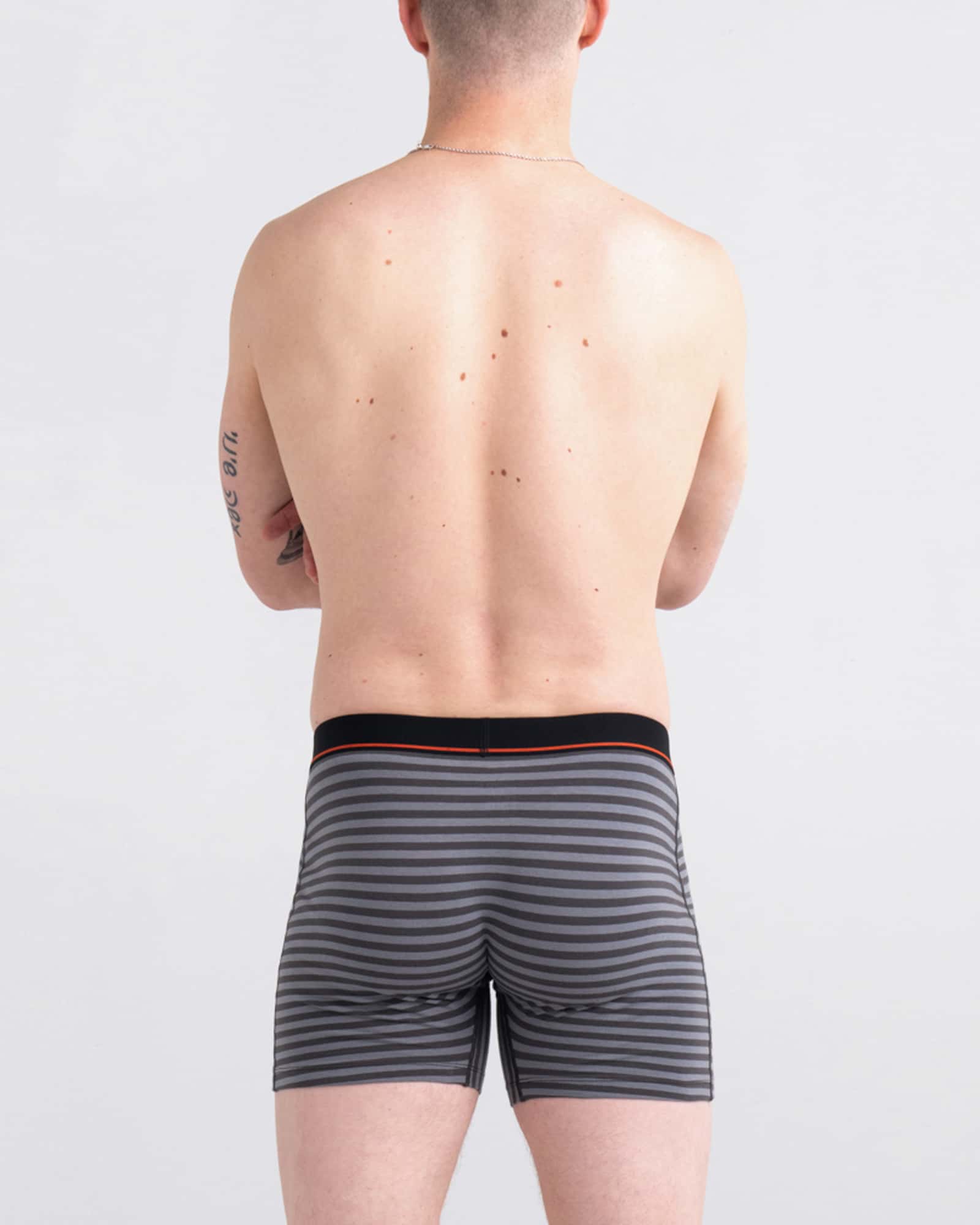 Back - Model wearing Non-Stop Stretch Cotton Boxer Brief Fly in Hiker Stripe- Grey