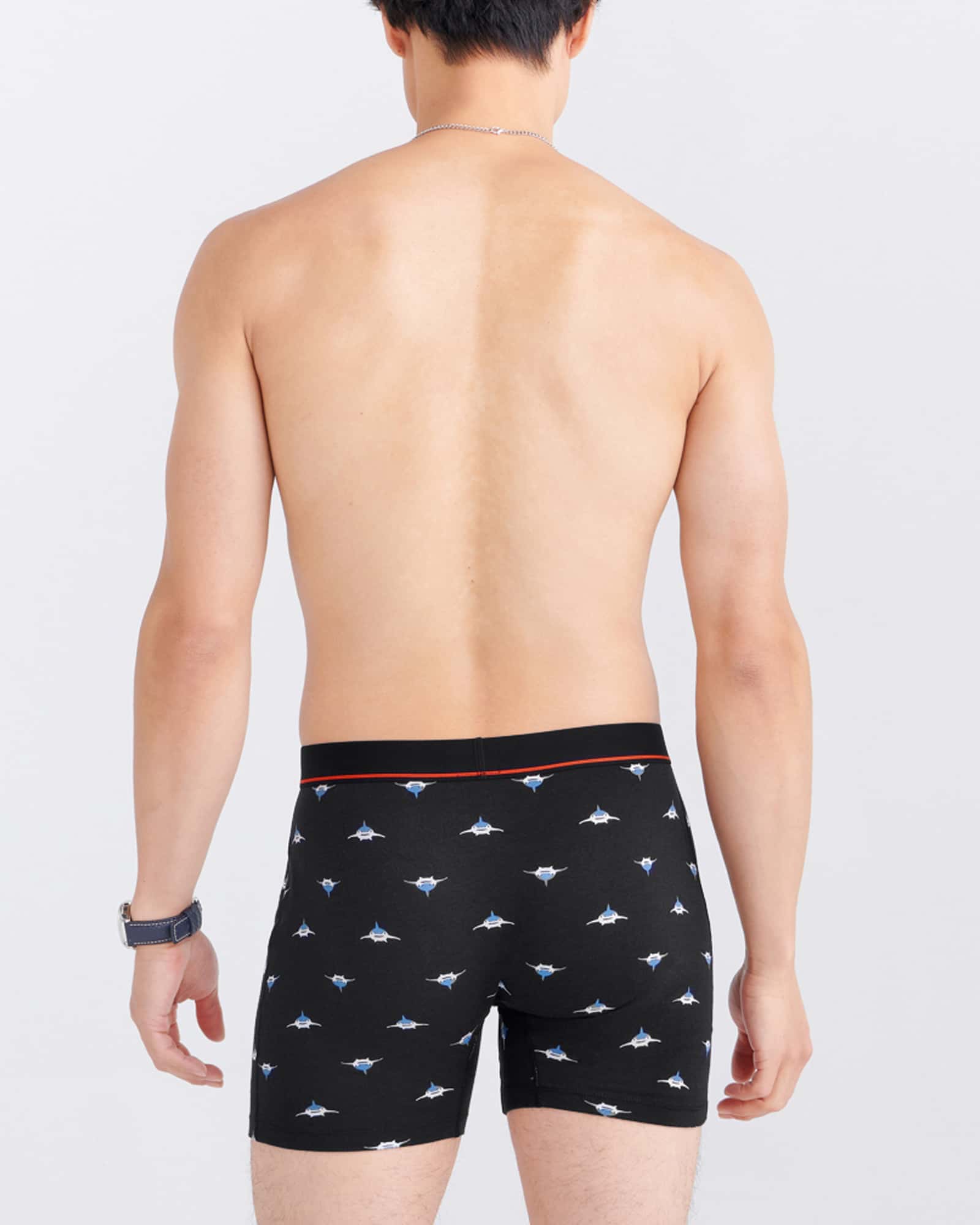 Back - Model wearing Non-Stop Stretch Cotton Boxer Brief Fly in Mini Predator- Black