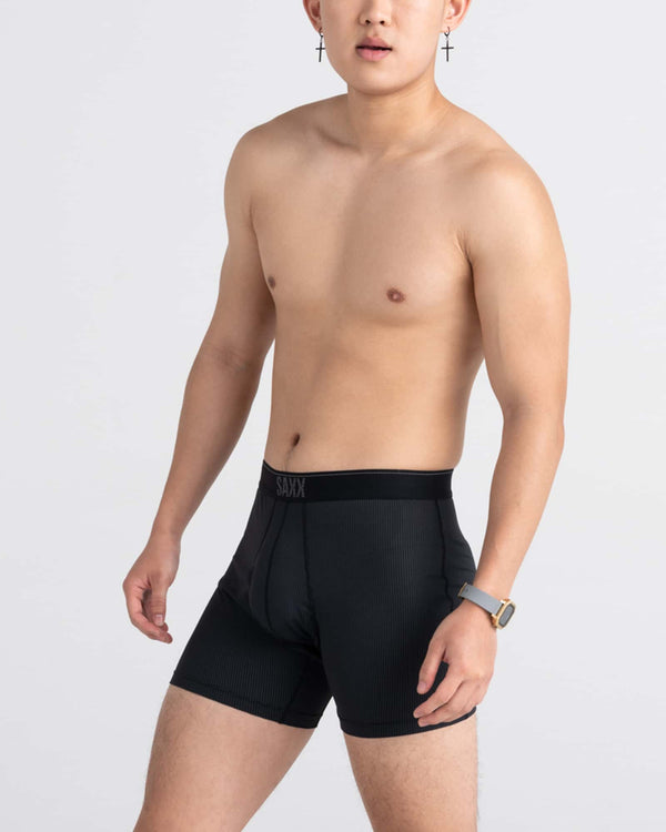 Front - Model wearing Quest Quick Dry Mesh Boxer Brief Fly in Black