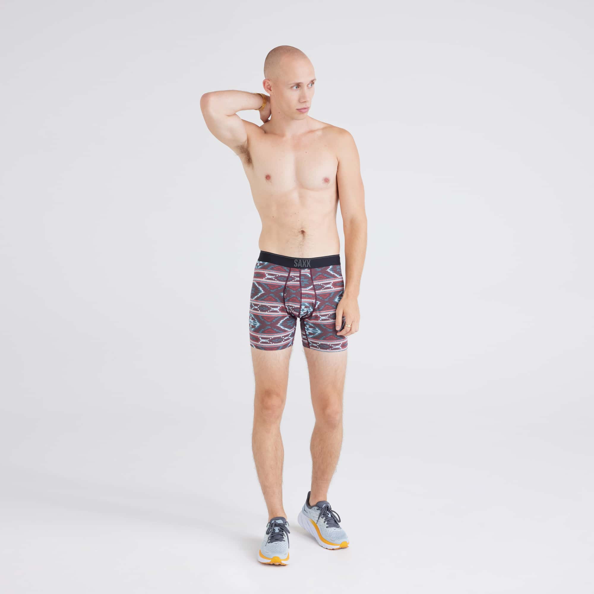 Front - Model wearing  Quest Quick-Dry Mesh Baselayer Boxer Brief in Ikat Stripe-Multi