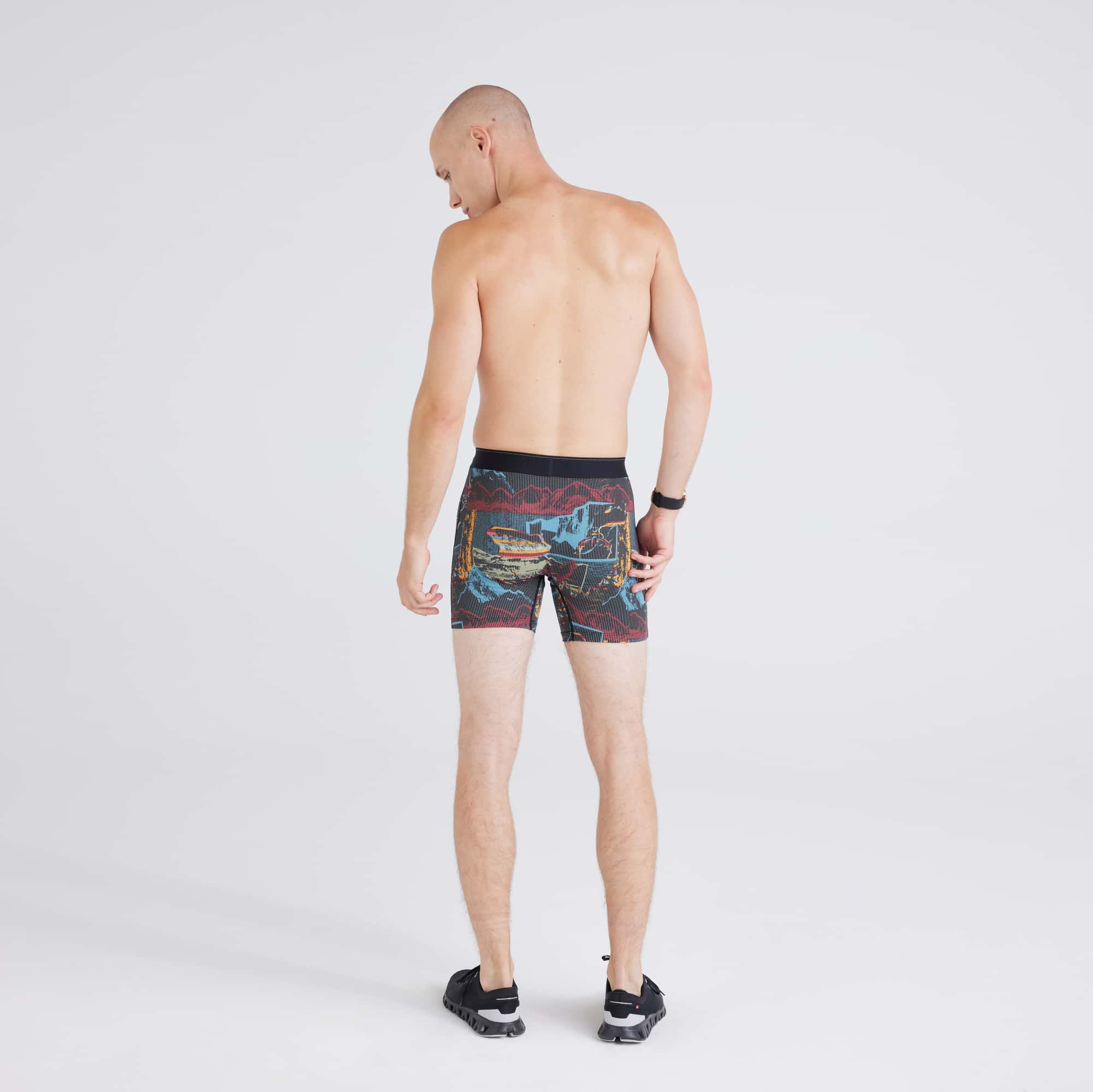 Back - Model wearing Quest Quick-Dry Mesh Baselayer Boxer Brief in Light And Shadow-Multi