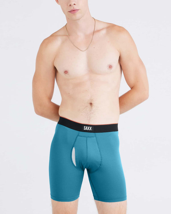 Front - Model wearing Multi-Sport Mesh Boxer Brief Fly in Hydro Blue