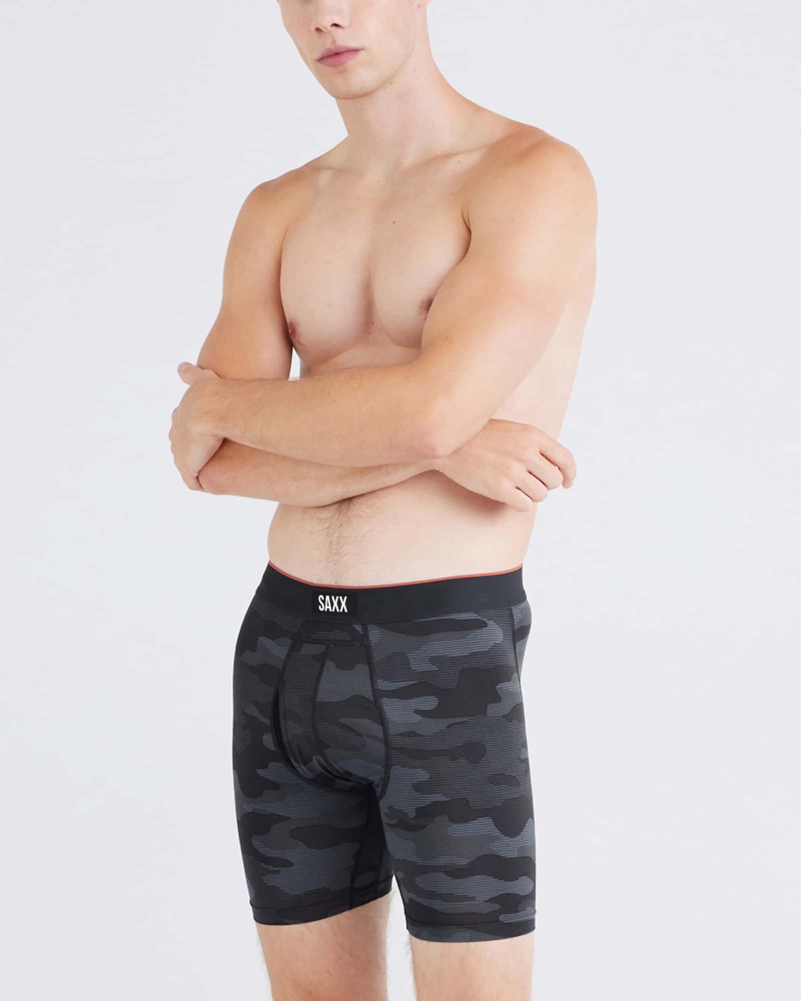 Front - Model wearing Multi-Sport Mesh Boxer Brief Fly in Remote Camo- Faded Black