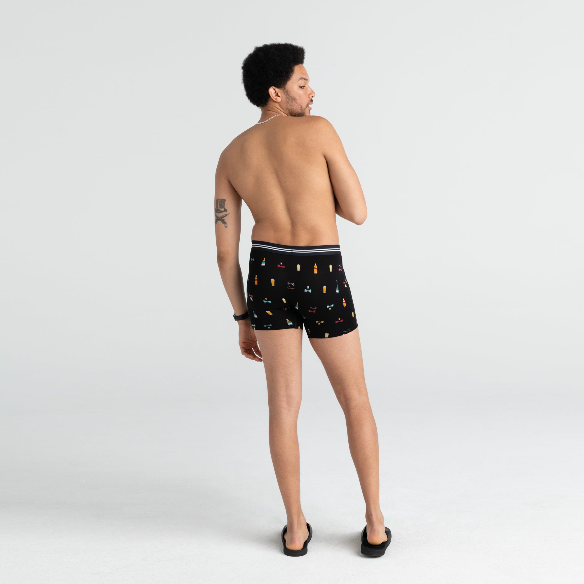 Back - Model wearing Vibe Boxer Brief in Black Bowties N Booze