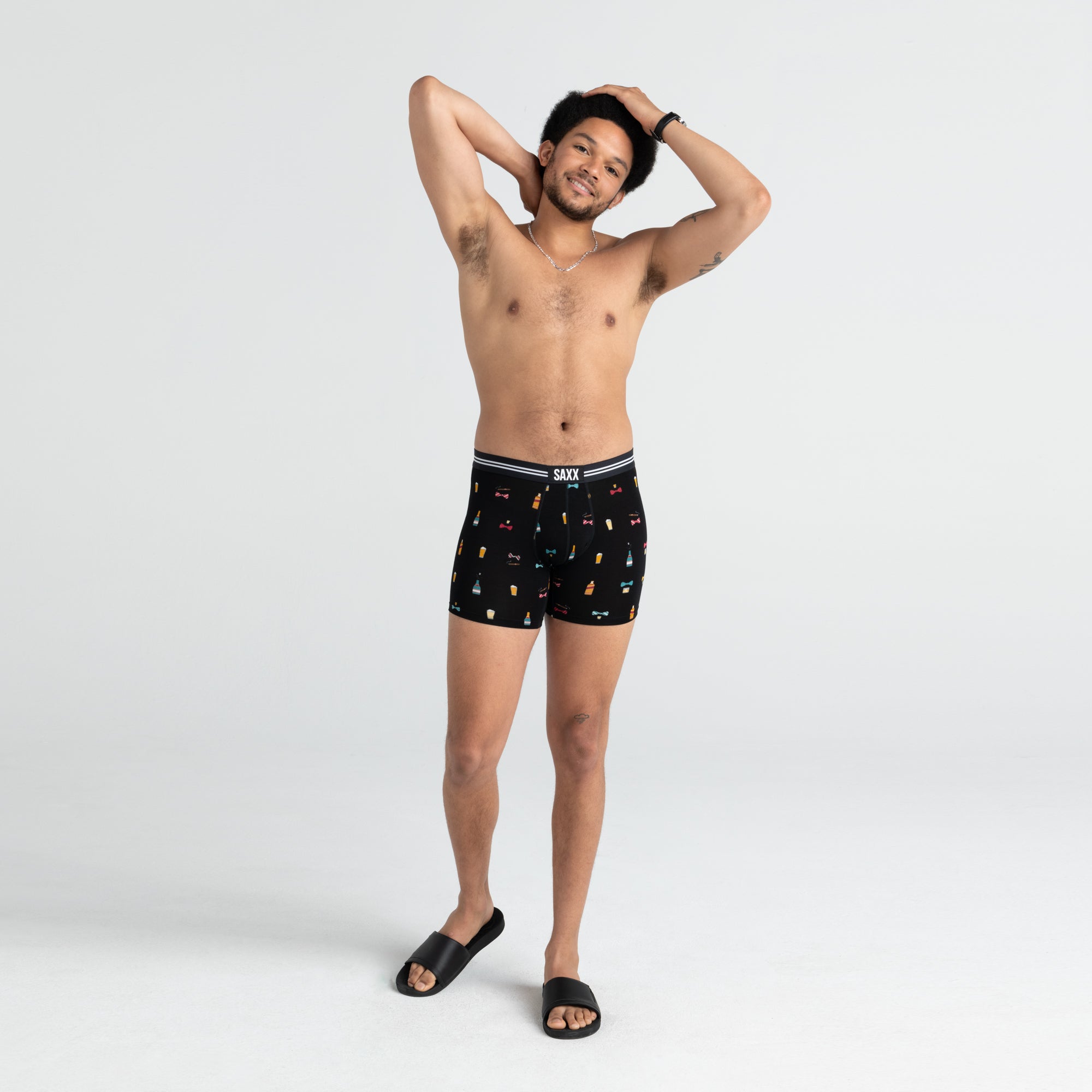 Front - Model wearing Vibe Boxer Brief in Black Bowties N Booze