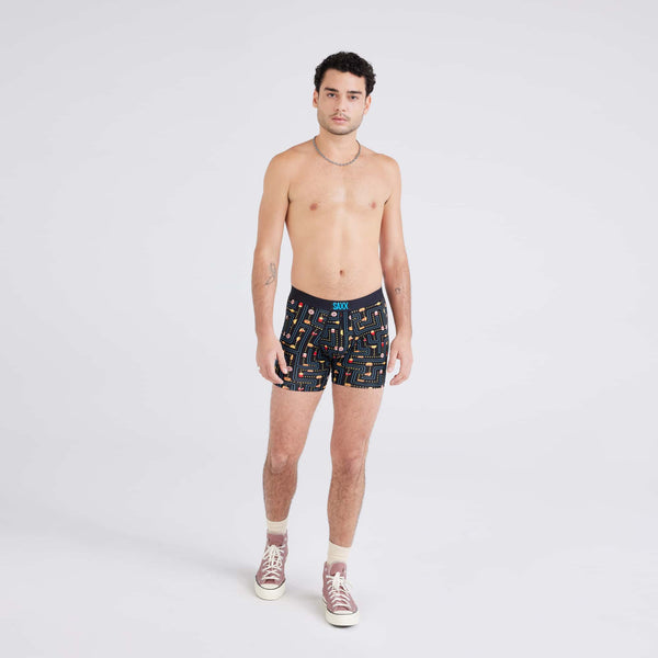 Front - Model wearing  Vibe Super Soft Boxer Brief in Junk Man-Black