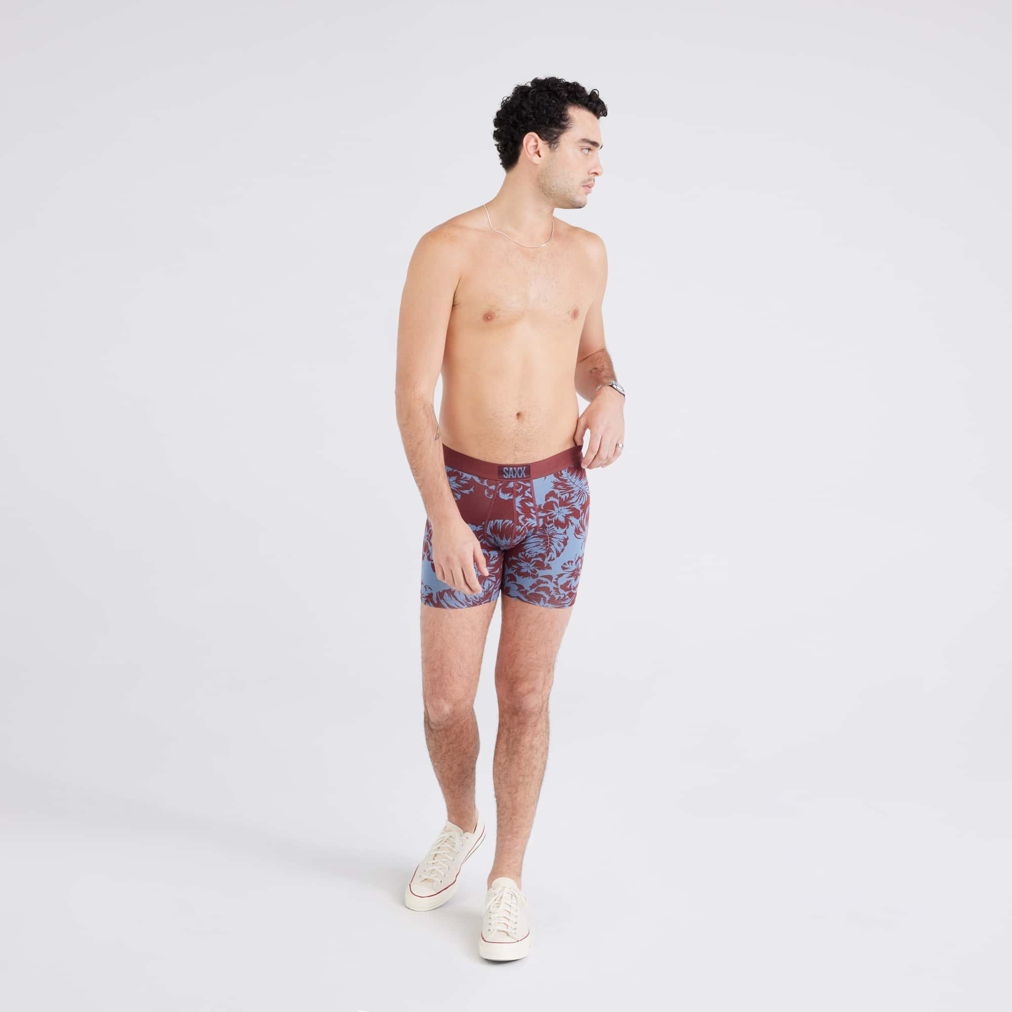 Front - Model wearing  Vibe Super Soft Boxer Brief in Shadow Tropics-Andorra