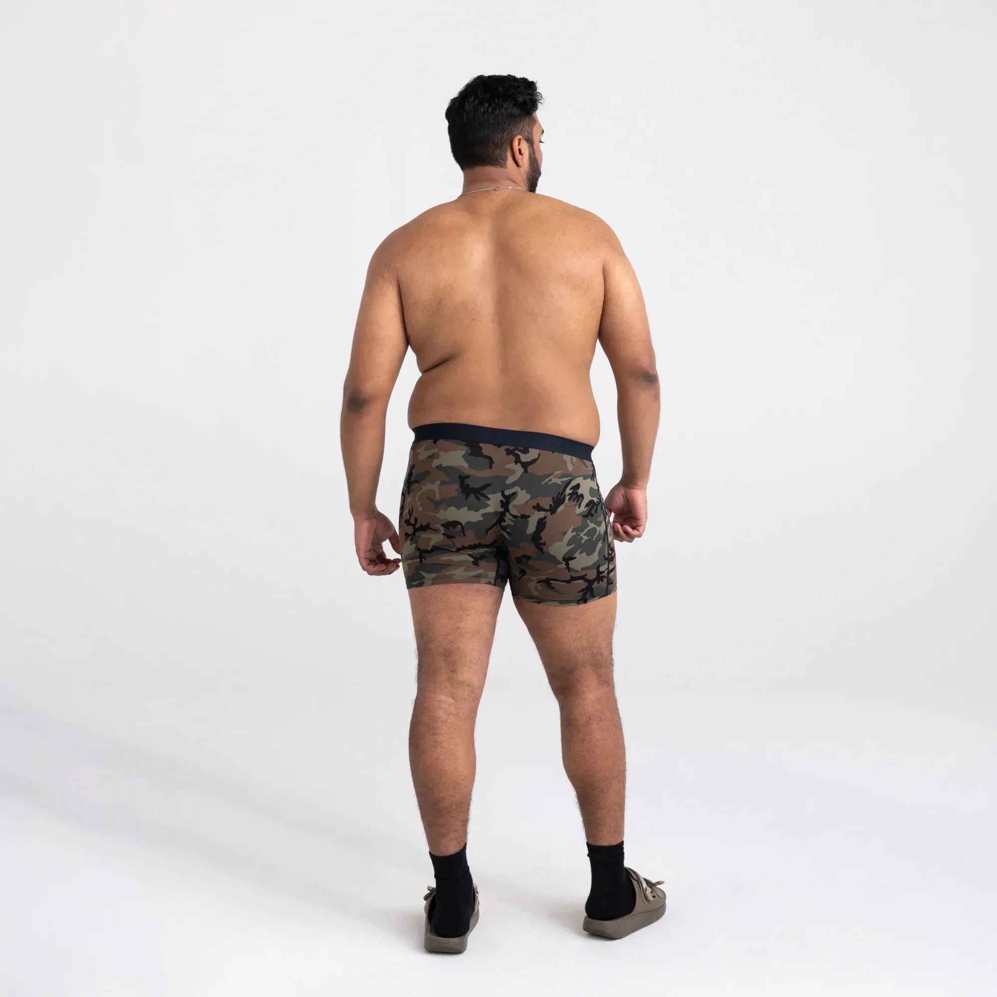 Back - Model wearing Vibe Boxer Brief in Woodland Camo