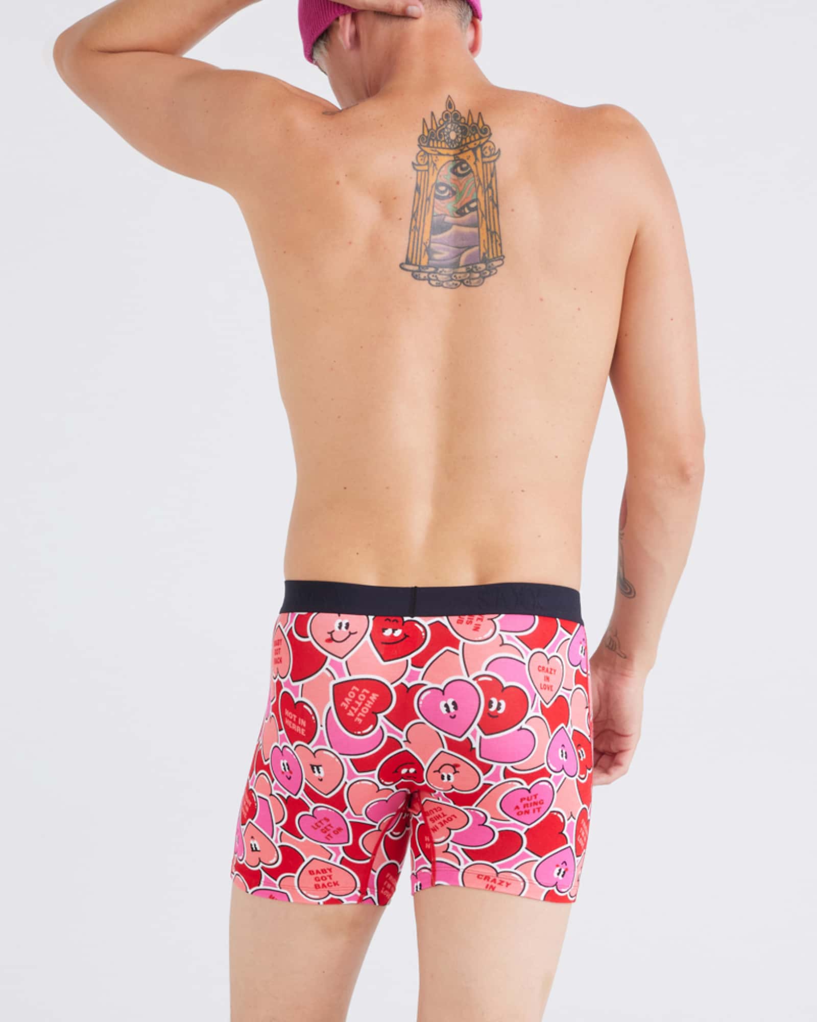 Back - Model wearing Vibe Super Soft Boxer Brief in Whole Lotta Love-Red