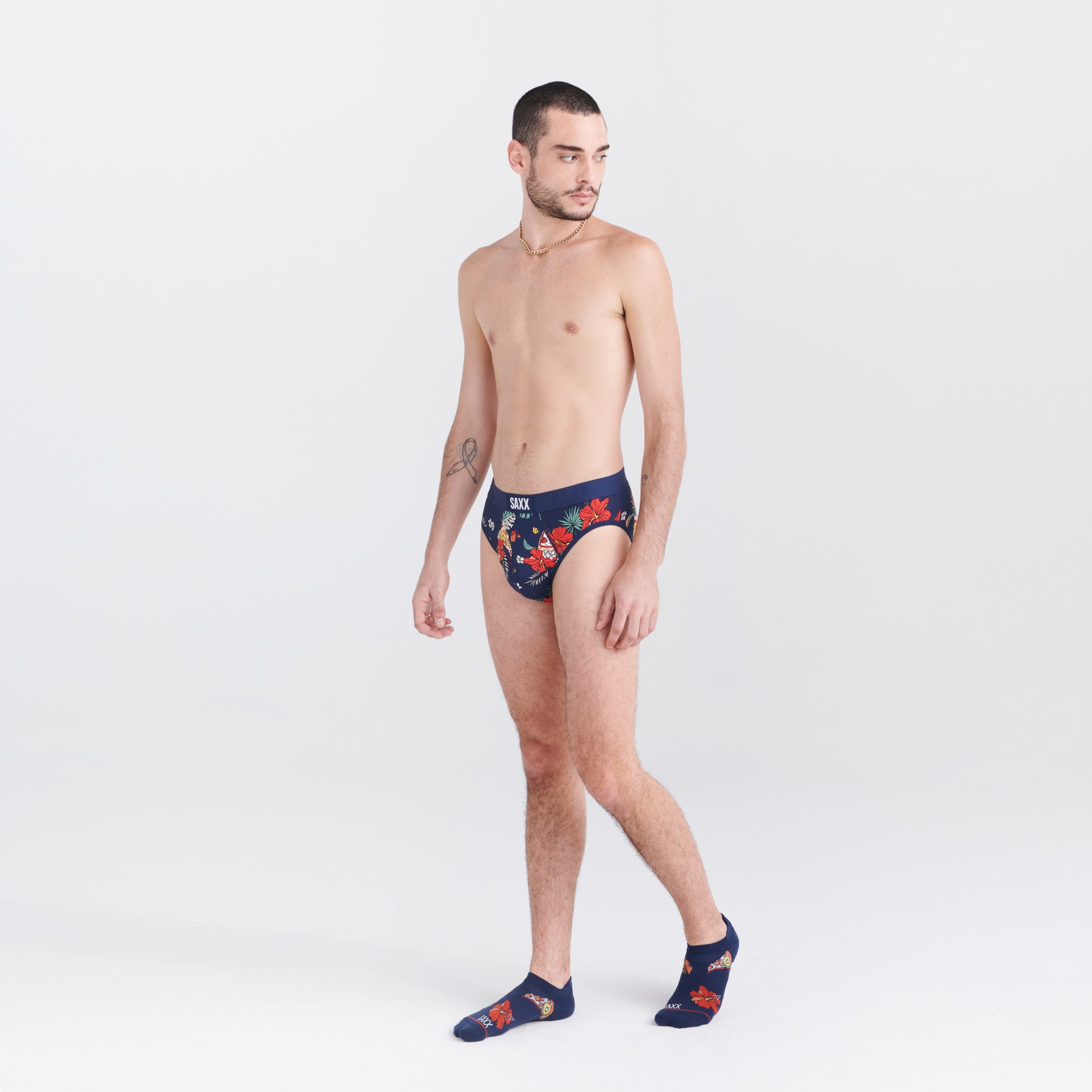 Front - Model wearing Ultra Super Soft Brief Fly in Hawaiian Pizza- Navy