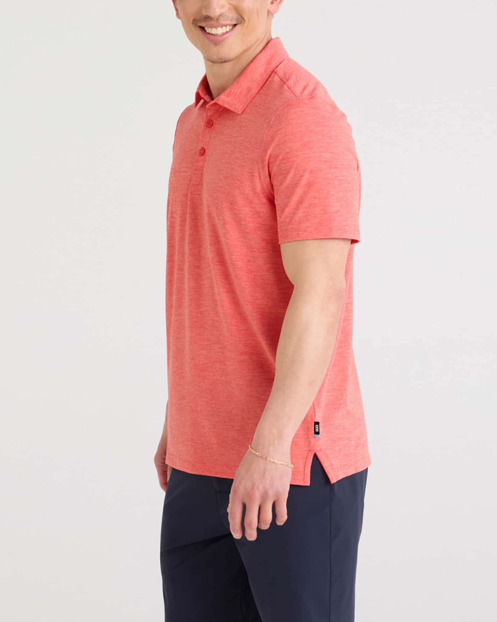 Front - Model wearing Droptemp All Day Cooling Polo in Coral Red Heather