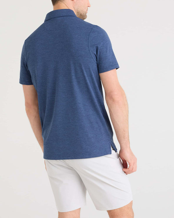 Back - Model wearing Droptemp All Day Cooling Polo in Maritime Blue Heather