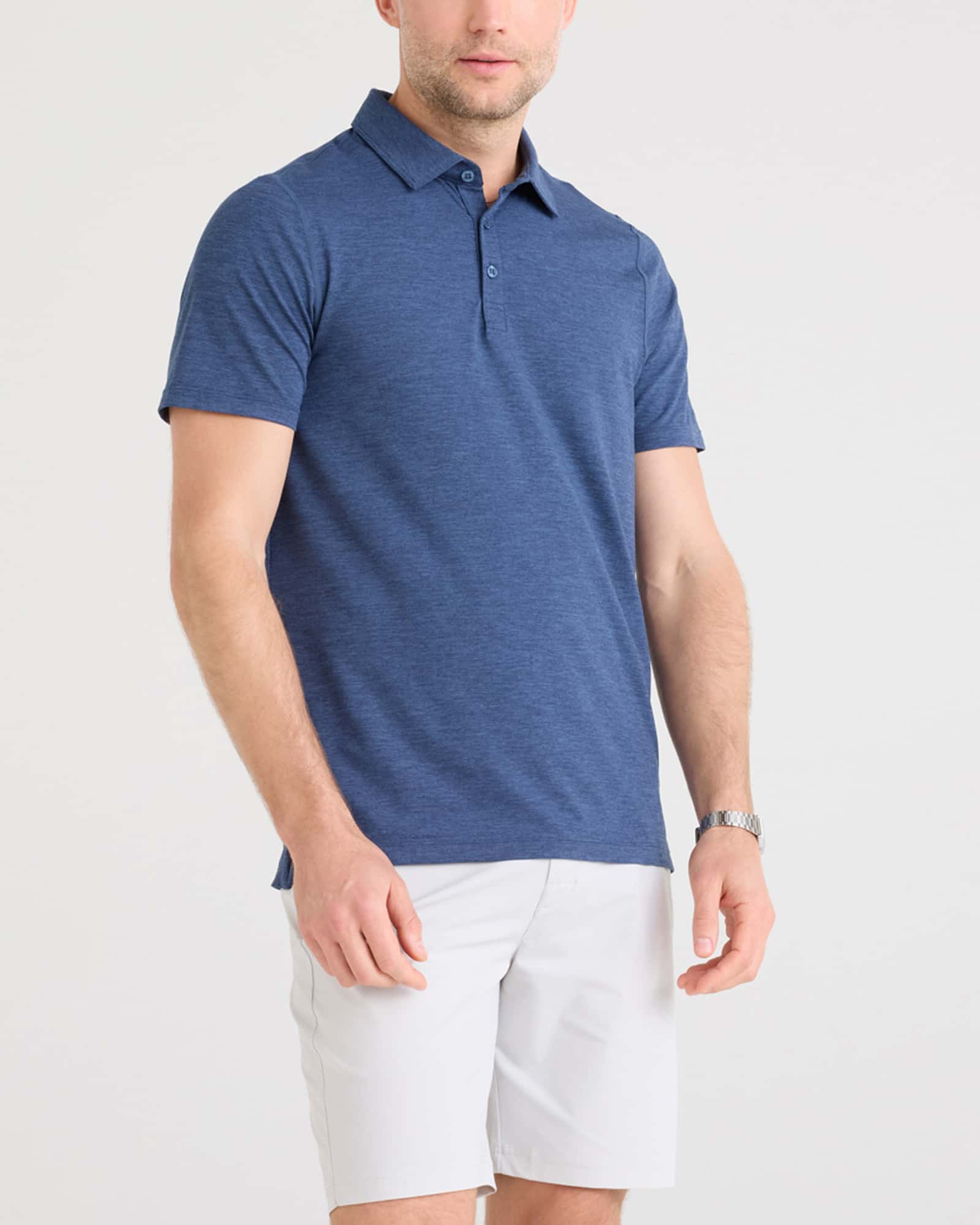 Front - Model wearing Droptemp All Day Cooling Polo in Maritime Blue Heather