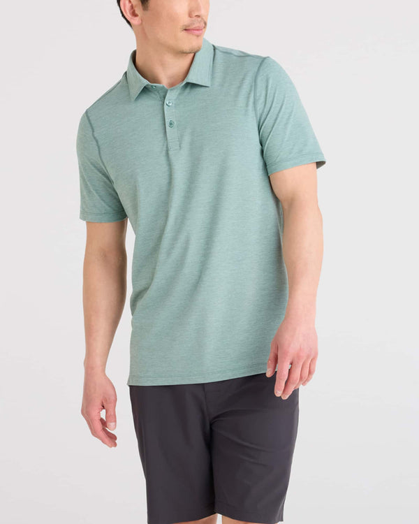 Front - Model wearing Droptemp All Day Cooling Polo in Silver Pine Heather