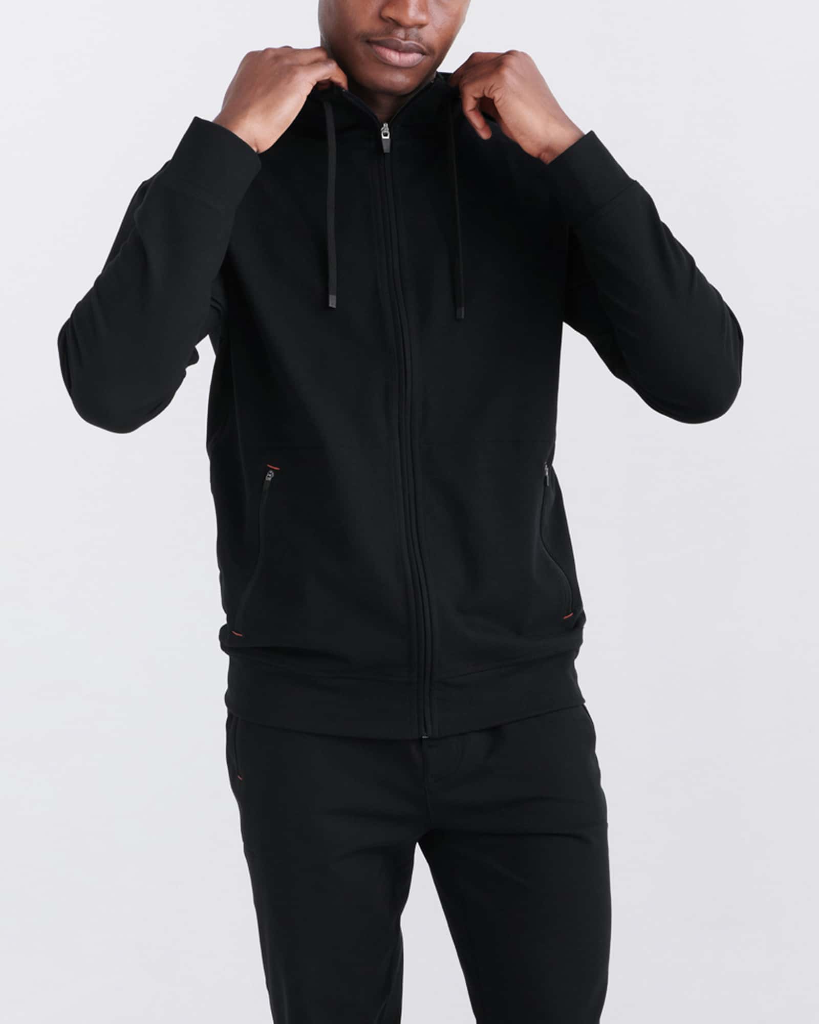 Front - Model wearing Trailzer Full Zip Hoodie in Black