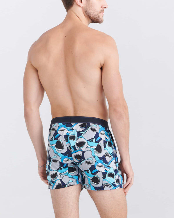 Back - Model wearing Daytripper Boxer Short Fly in Shark Tank Camo- Navy