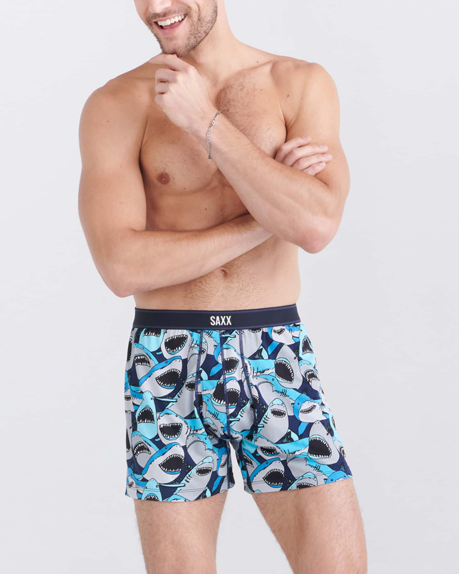 Front - Model wearing Daytripper Boxer Short Fly in Shark Tank Camo- Navy