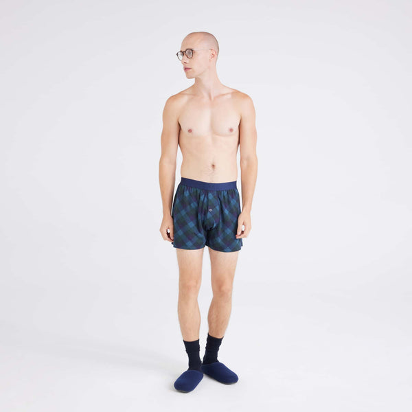 Front - Model wearing  Droptemp® Cooling Sleep Boxer in Bison Check-Maritime