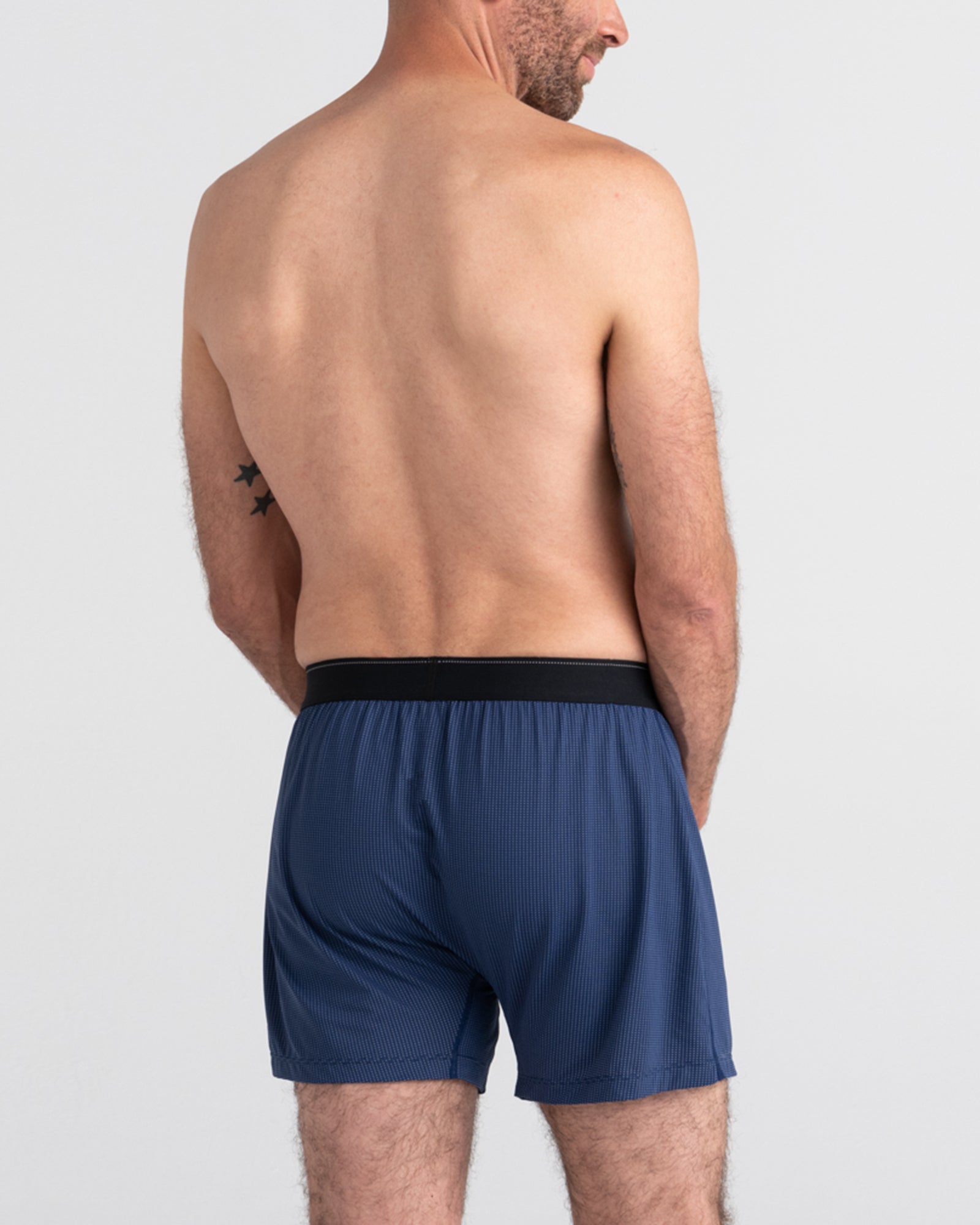 Back - Model wearing Quest Quick Dry Mesh Boxer Short Fly in Midnight Blue