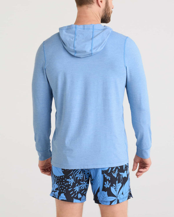 Back - Model wearing Droptemp All Day Cooling Hoodie in Bel Air Blue Heather