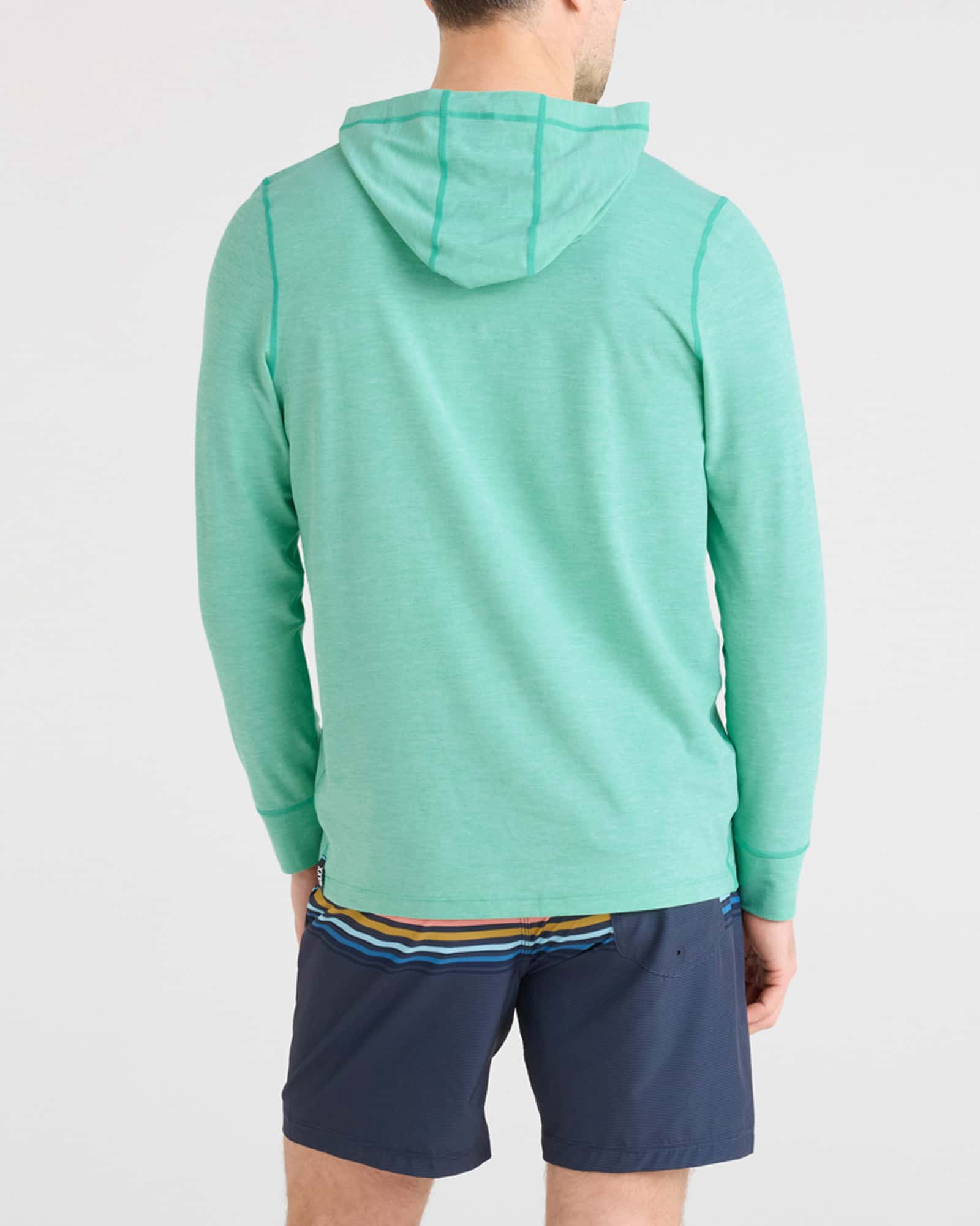 Back - Model wearing Droptemp All Day Cooling Hoodie in Mint Heather