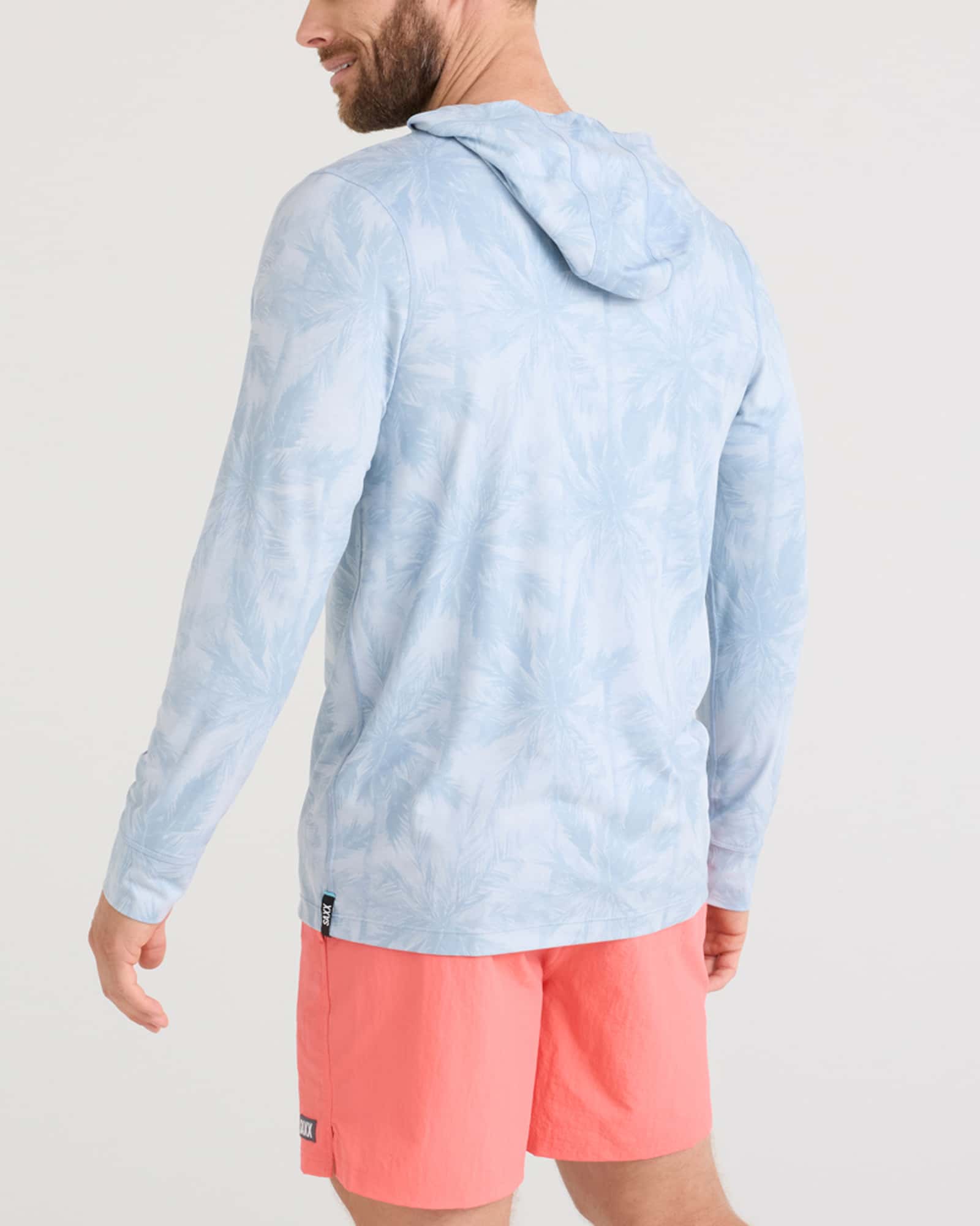 Back - Model wearing Droptemp All Day Cooling Hoodie in Vacation Vibes-Blue