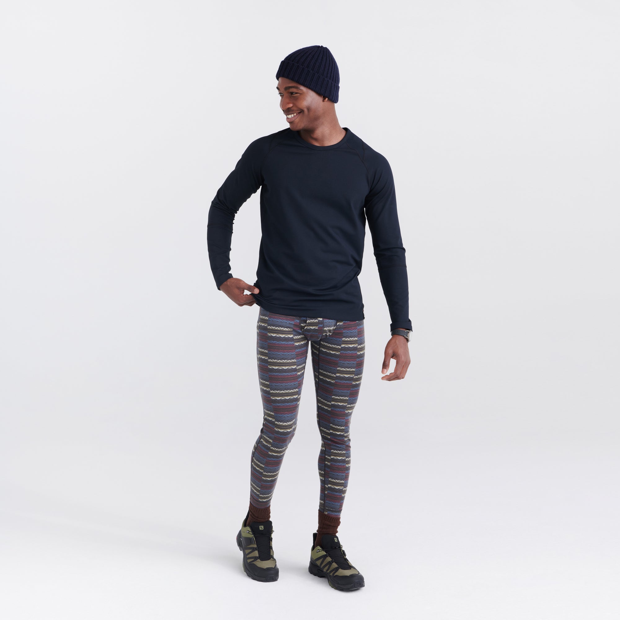 Front - Model wearing Roast Master Mid-Weight Baselayer Tight Fly in Stepped Stripe- Multi