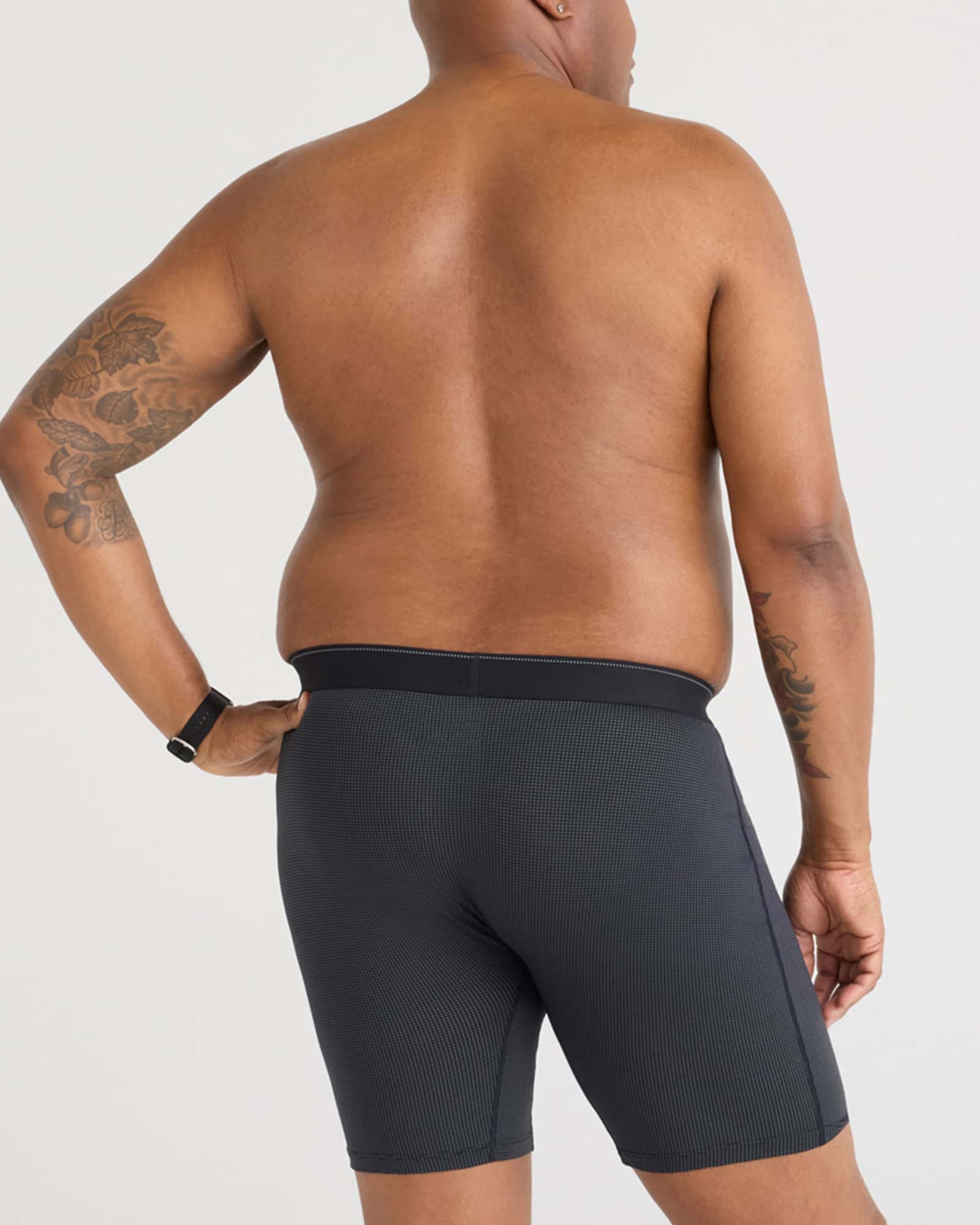 Back - Model wearing Quest Quick Dry Mesh Long Boxer Brief Fly in Black