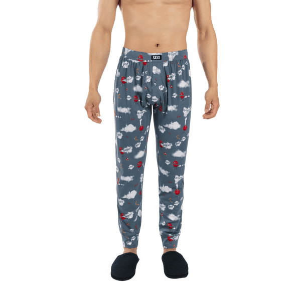 Front - Model wearing DropTemp Cooling Sleep Sleep Pant in Smokin' In Bed-Stone Blue