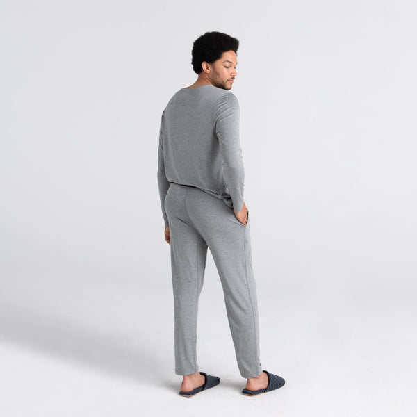 Back - Model wearing Sleepwalker Ballpark Pant in Dark Grey Heather