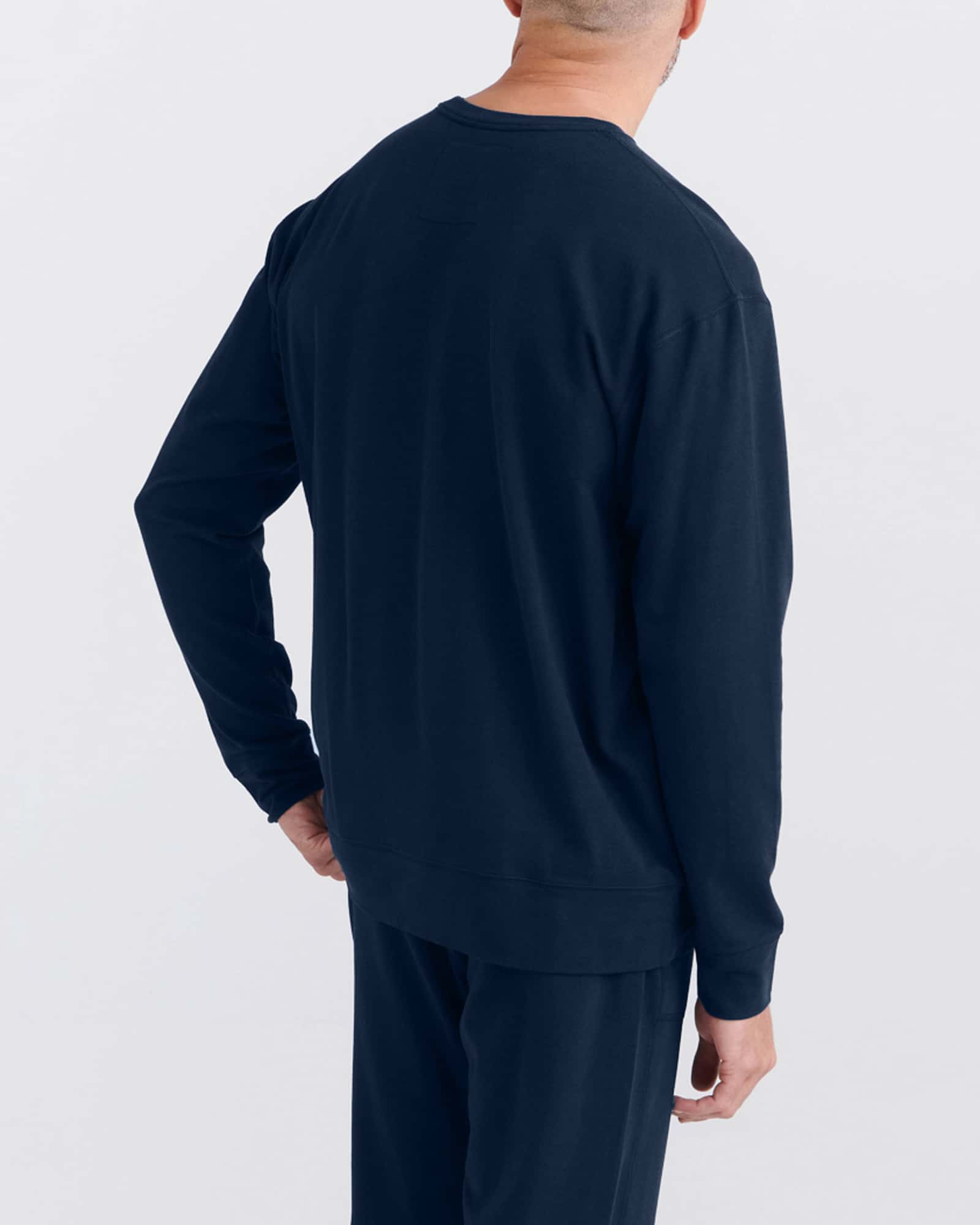 Back - Model wearing 3Six Five Long Sleeve Crew in Maritime Blue