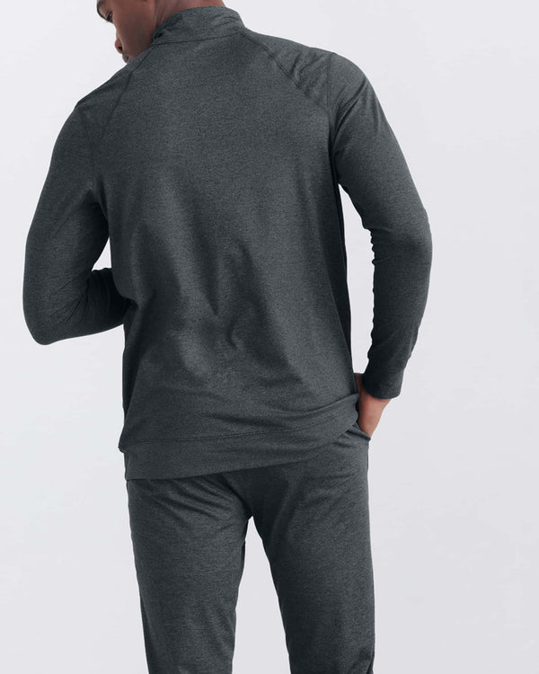 Back - Model wearing Peakdaze Half Zip in Turbulence Heather